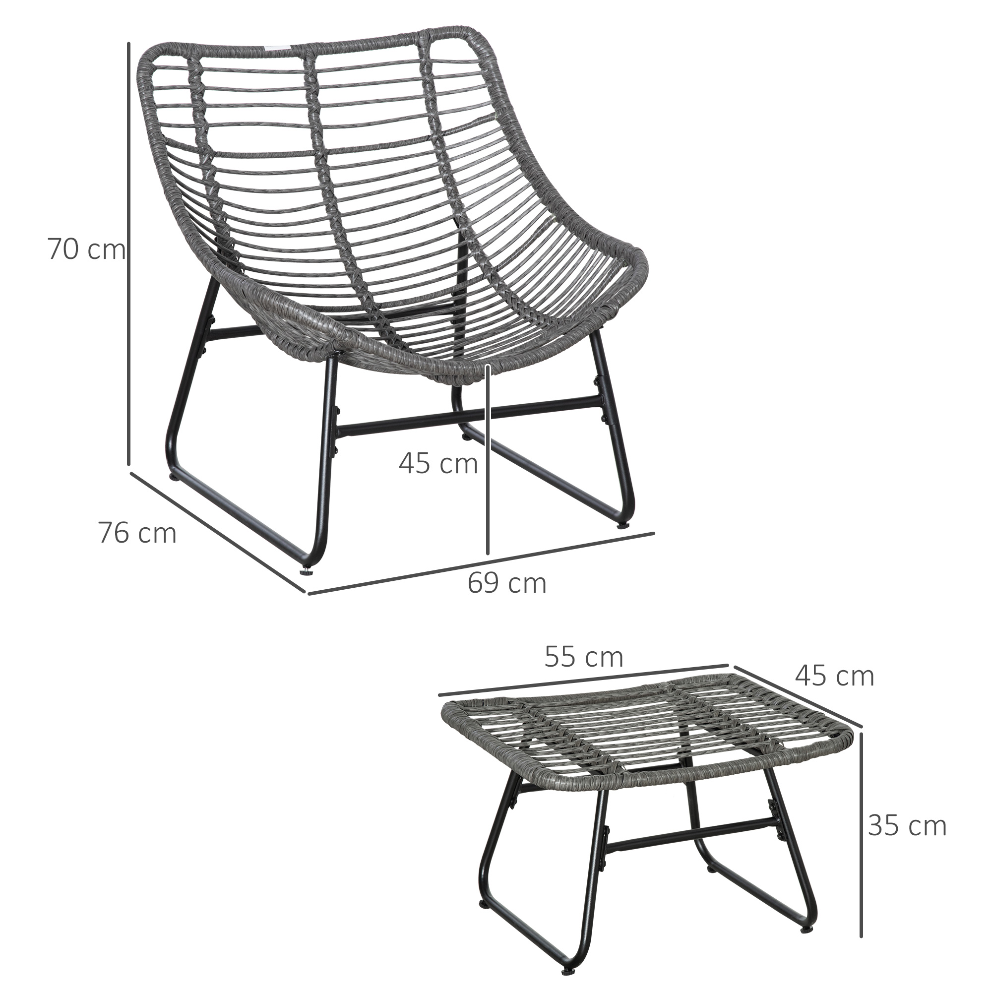 Rottinkinen lepotuolisarja jalkatuella, harmaa, 2-osainen, 69 x 76 x 70 cm - Image 3