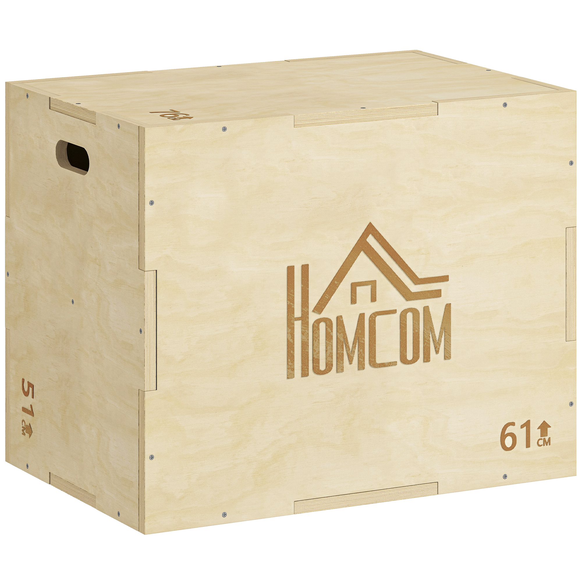 3-in-1 plyo box puidust, 3 hüppekõrgusega, käepidemetega, 61 x 51 x 76 cm, naturaalne puit