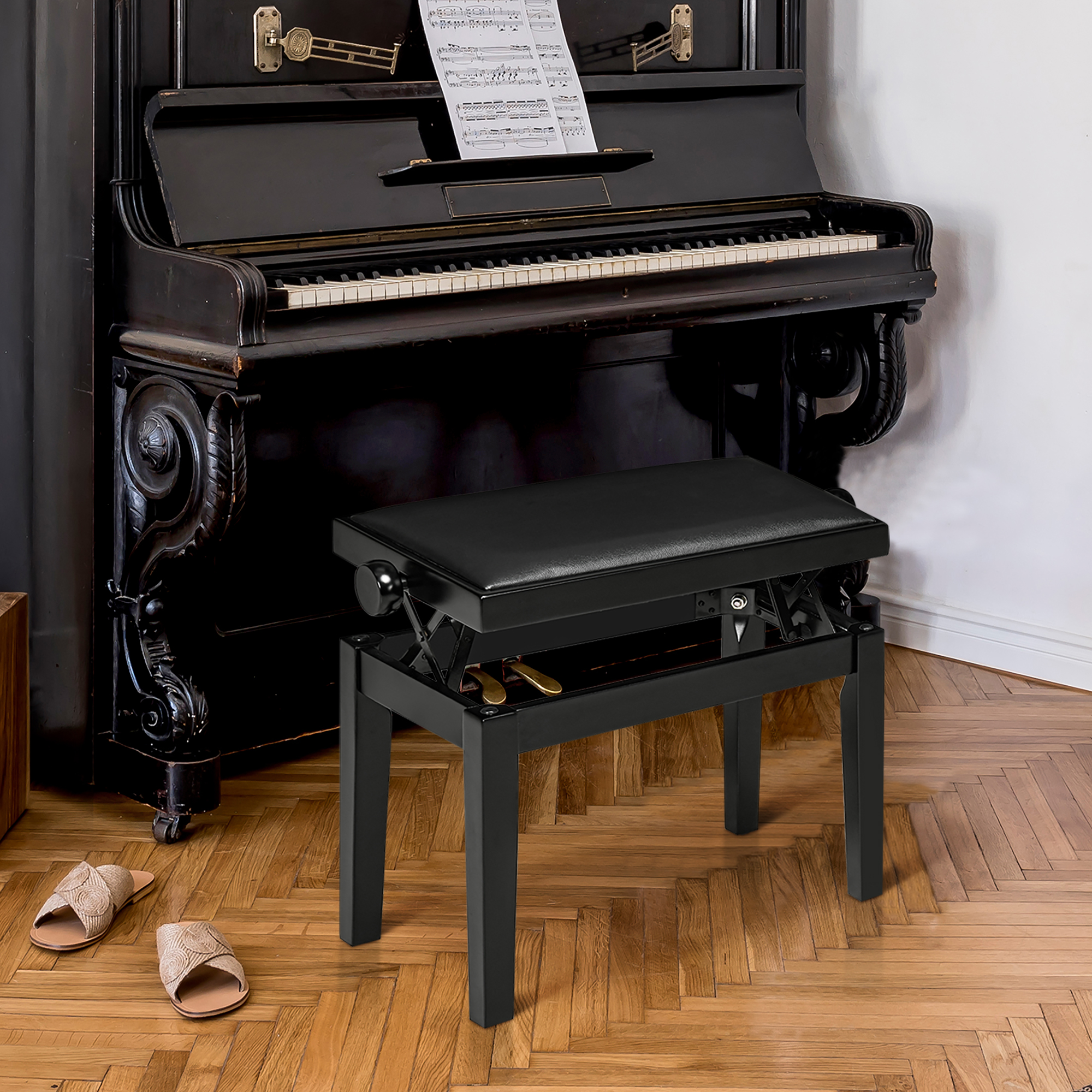Fortepijono suoliukas, reguliuojamas aukštis, juodas, 63 x 33 x 45-56 cm - Image 2