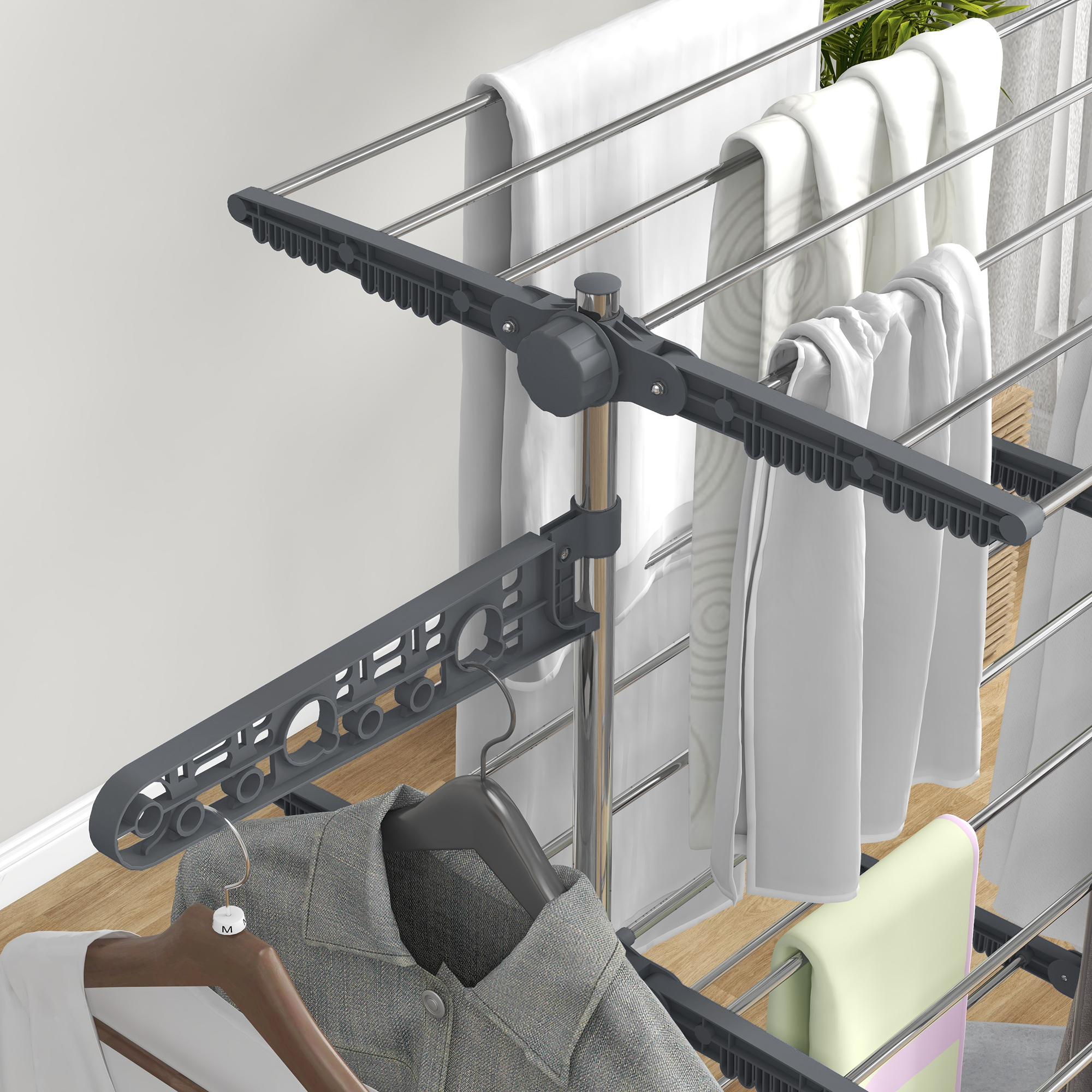 Taitettava pyykinkuivausteline pyörillä, 4 tasoa, harmaa, 142 x 55 x 152 cm - Image 8