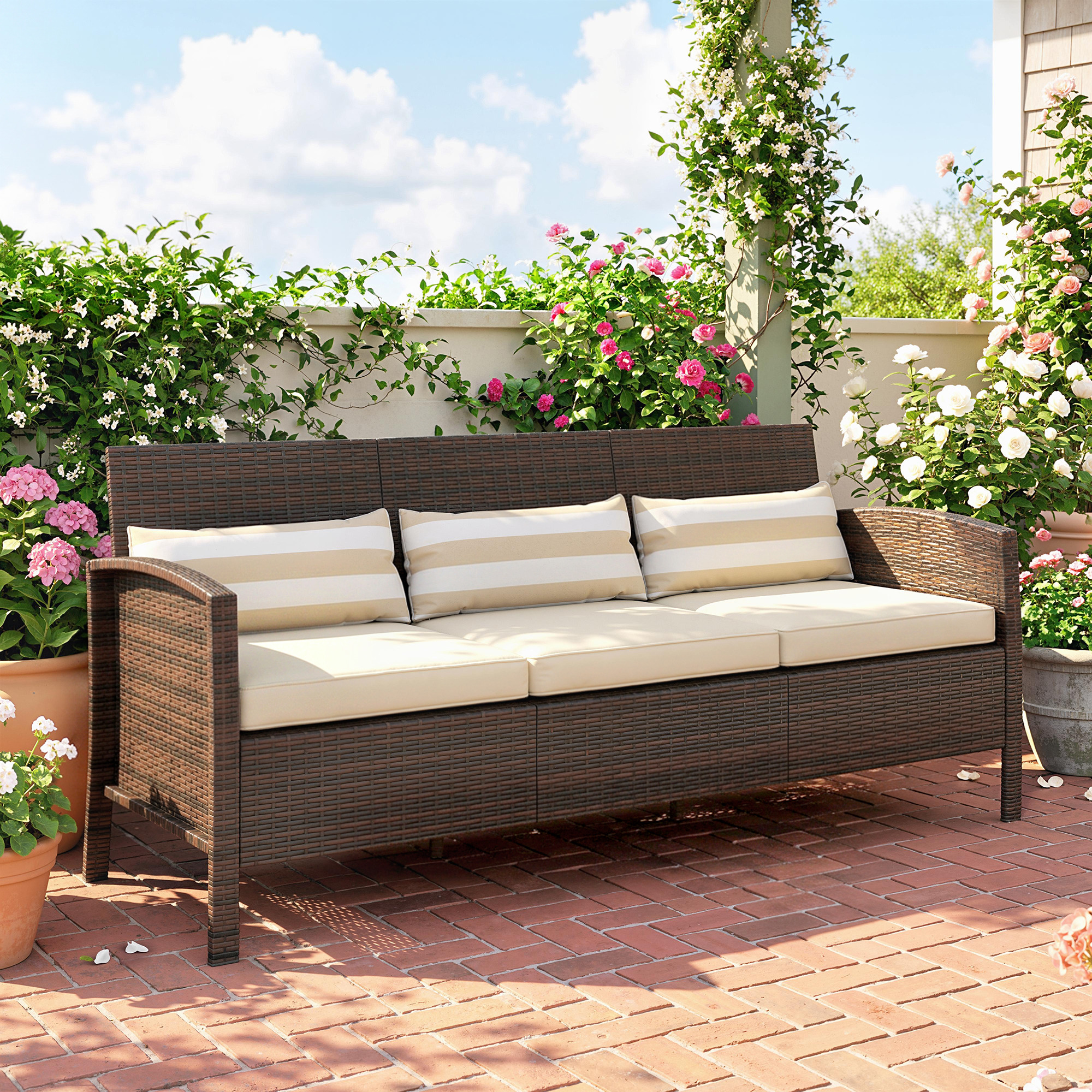 3 vietų lauko sofa su pagalvėlėmis, rudos spalvos, 173 x 68 x 78 cm - Image 9