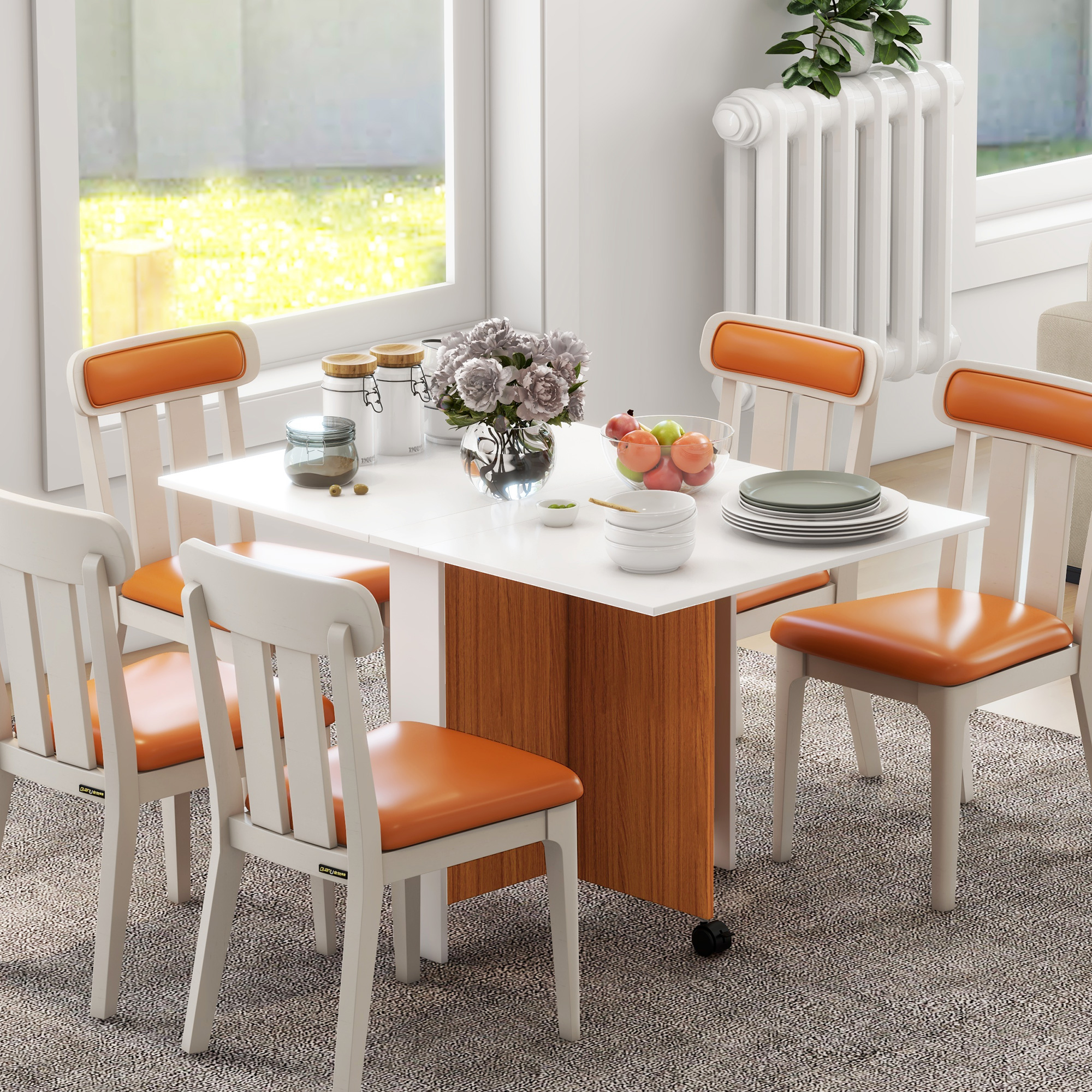 Izvelkams ēdamgalds ar ritentiņiem, teak un balts, 120 x 80 x 73 cm - Image 2