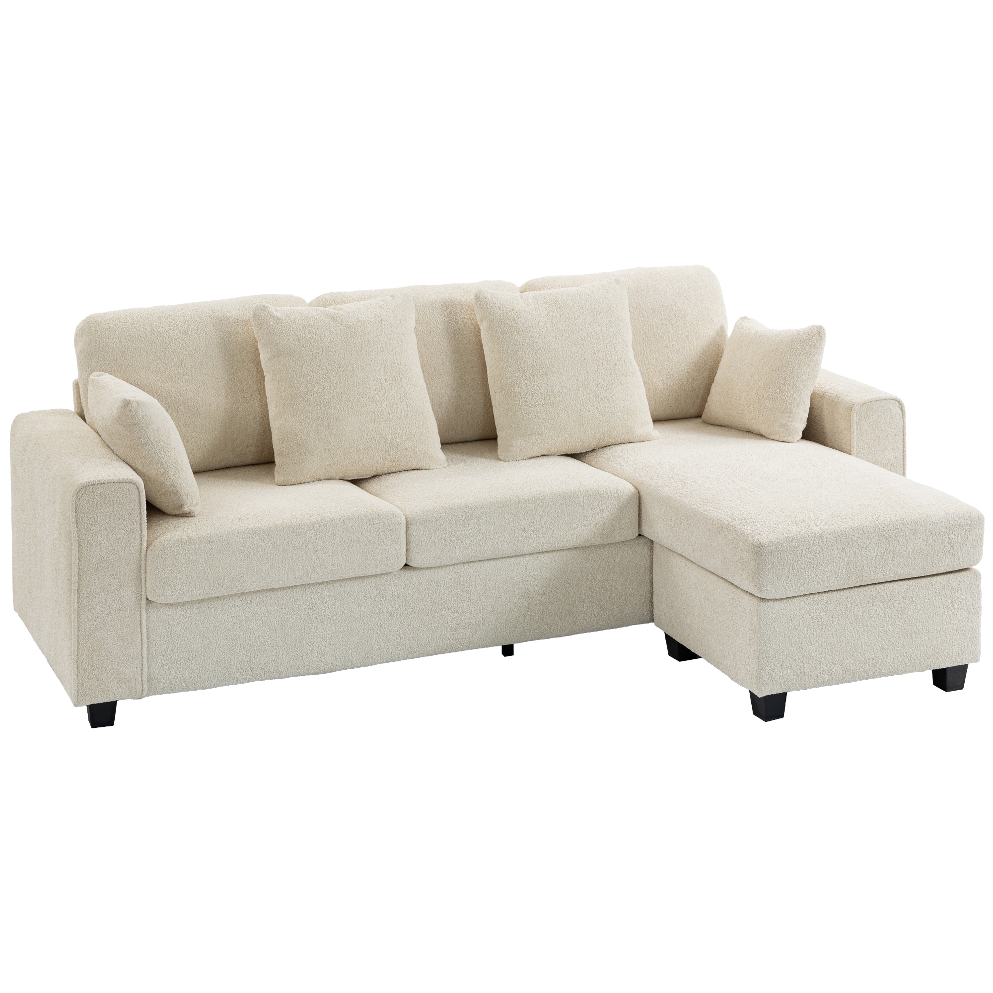 Kampinė sofa su reversine šezlongo dalimi, 3 vietų, aksomo išvaizdos, smėlio spalvos, 235,5 x 145 x 88 cm