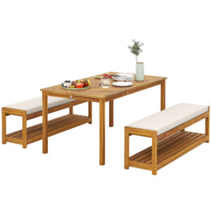 3-osaline aiamööbli komplekt, laud vihmavarju avaga, 2 pinki, 150 x 85 x 75 cm, teakvärvi