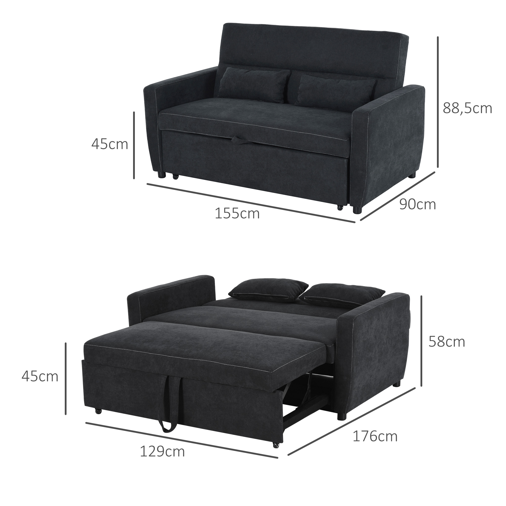 2 vietų sofa-lova su reguliuojamu atlošu, juoda, 155 x 90 x 88,5 cm - Image 3