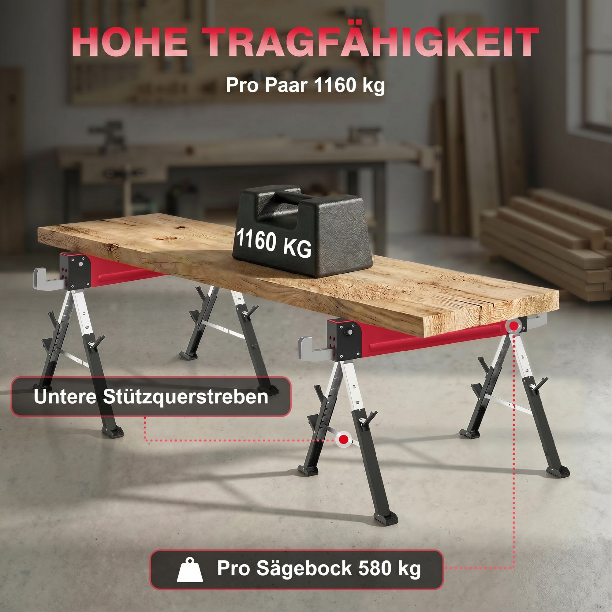 2-osainen kokoontaitettava sahapukki, enintään 1160 kg, punainen / musta, 64–81 cm - Image 4