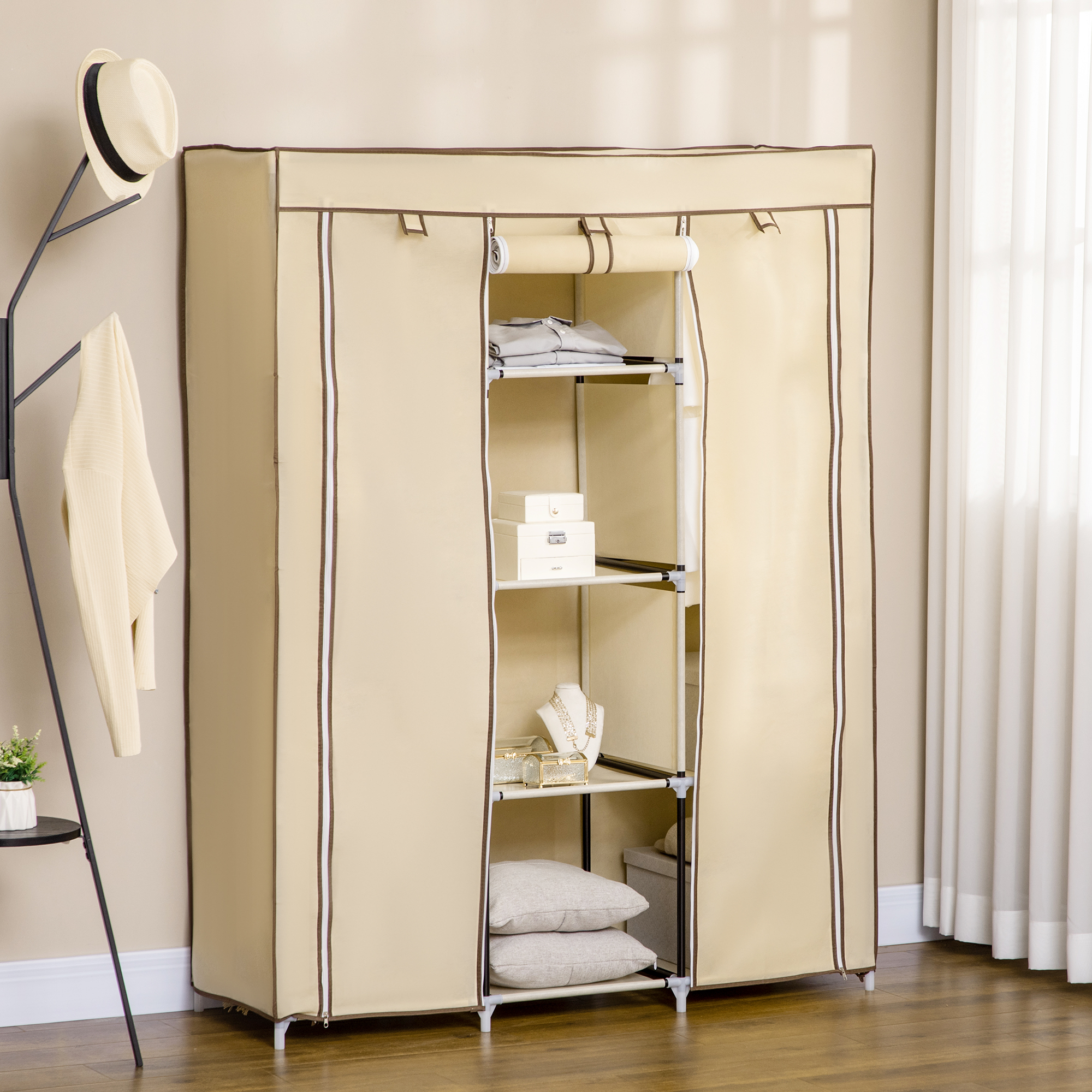 Kangaskaappi, beige, 125 x 43 x 162,5 cm, 8 hyllyä, 2 vaatetankoa - Image 7