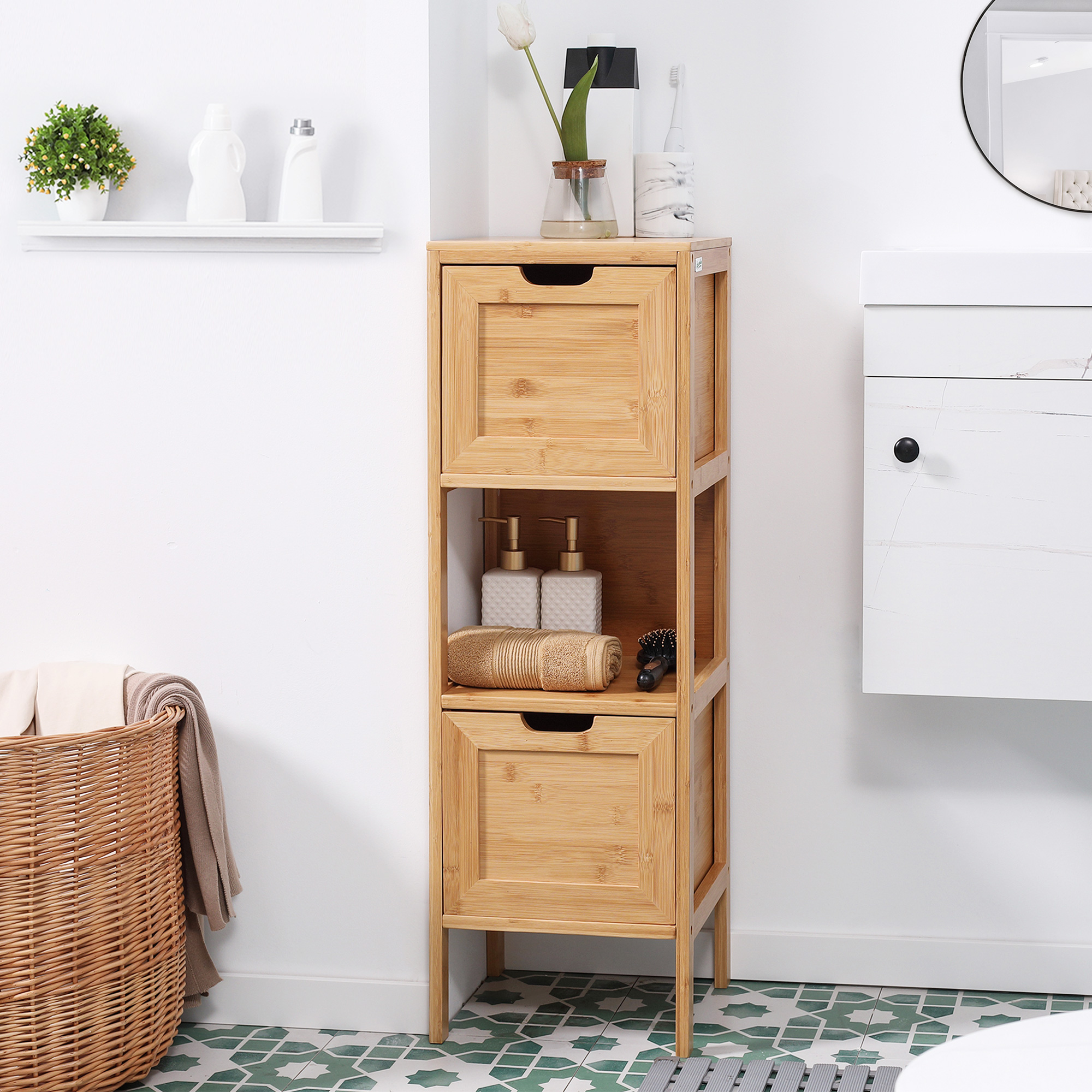 Bambulainen kylpyhuonekaappi, 1 hylly, 2 laatikkoa, 30 x 30 x 90 cm, luonnonvärinen - Image 2