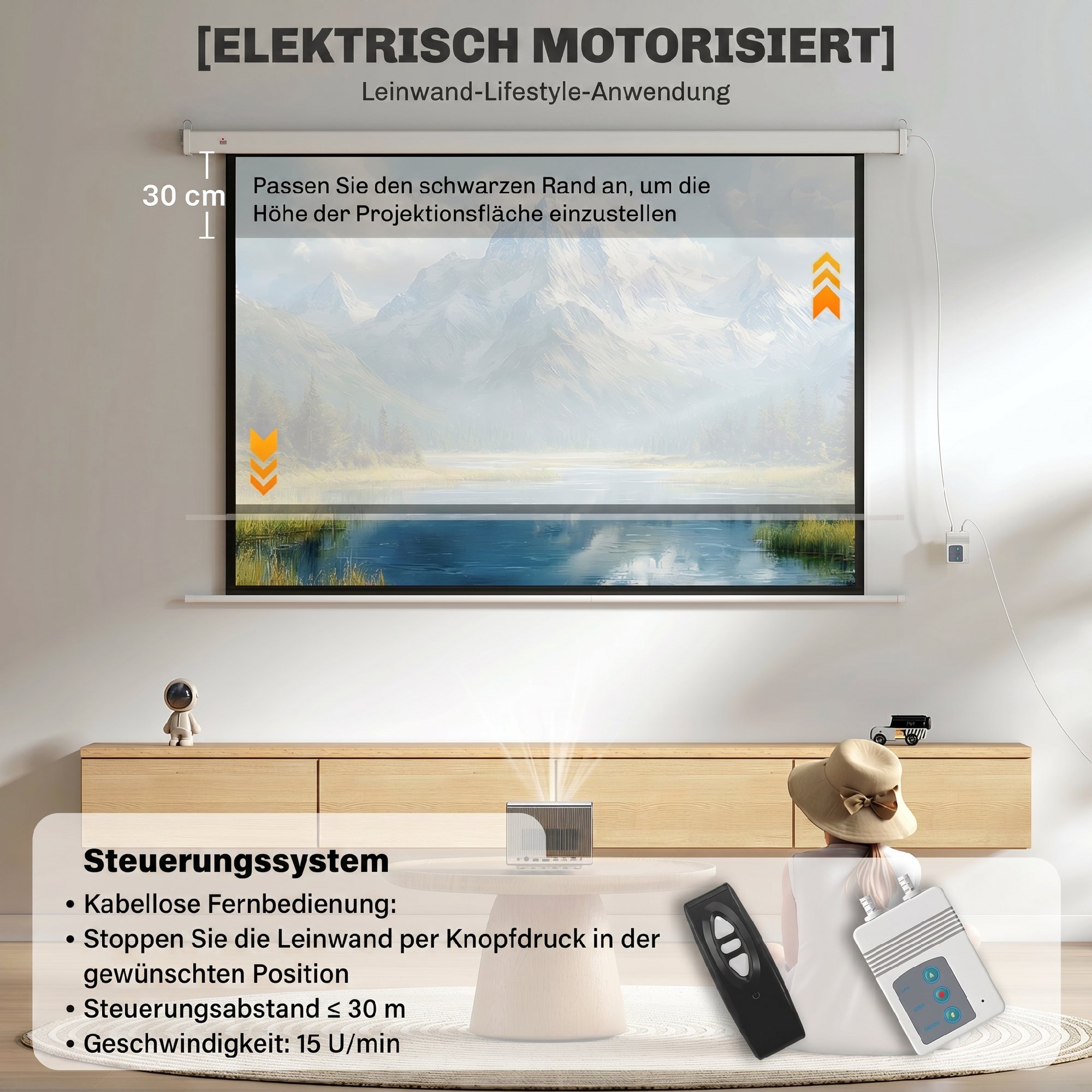 Sähköinen projektorikangas 212 x 150 cm, 84 tuumaa, 16:9, valkoinen - Image 4