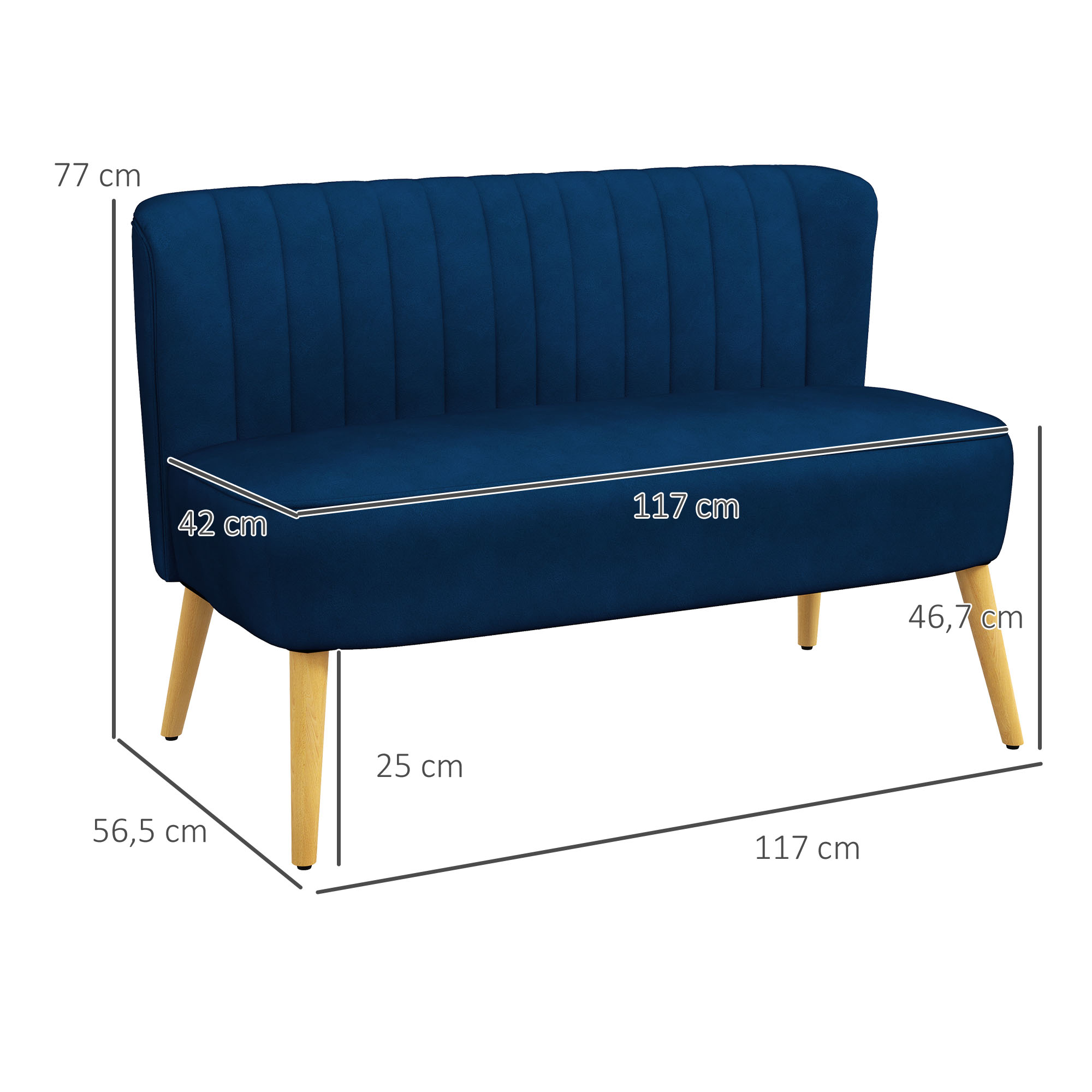 Retro dizaina 2 vietu sofa, koka kājas, tumši zila, 117 x 56,5 x 77 cm - Image 3