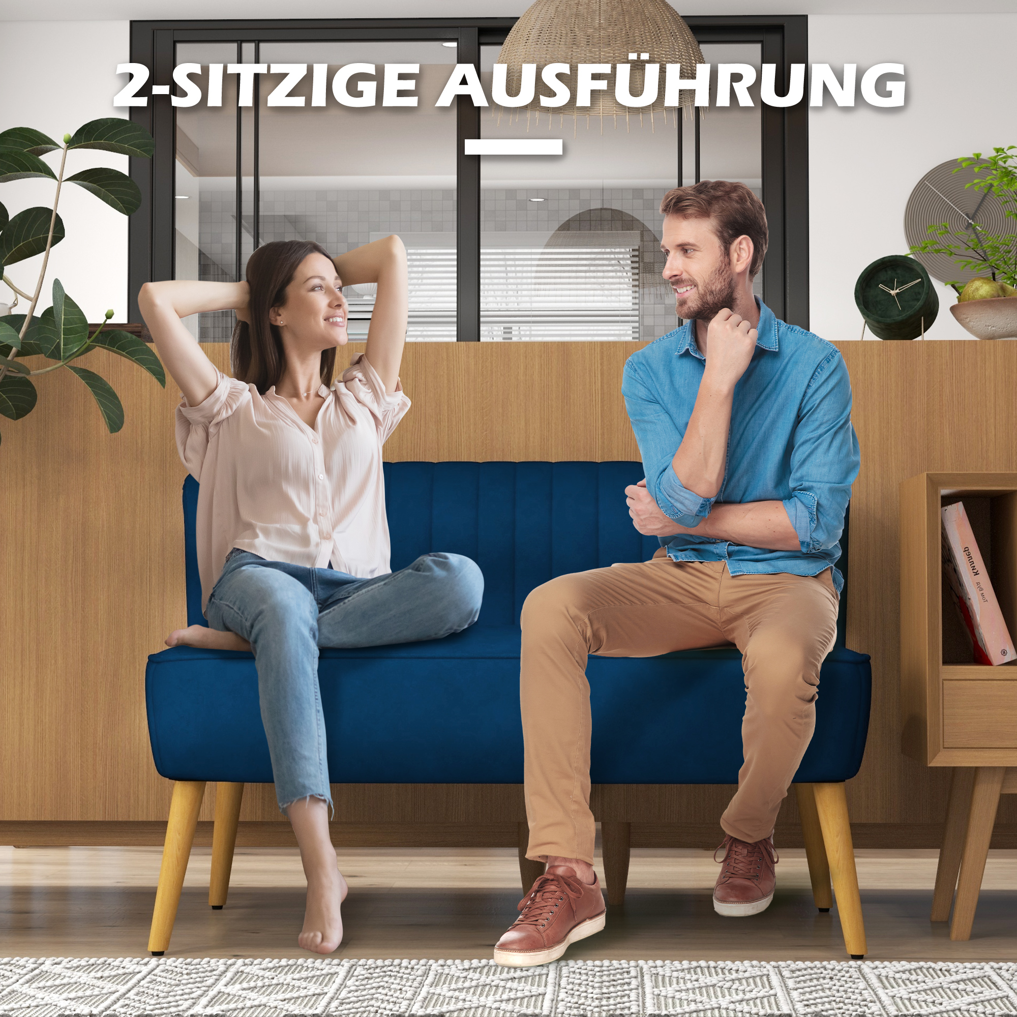 Retro dizaina 2 vietu sofa, koka kājas, tumši zila, 117 x 56,5 x 77 cm - Image 6
