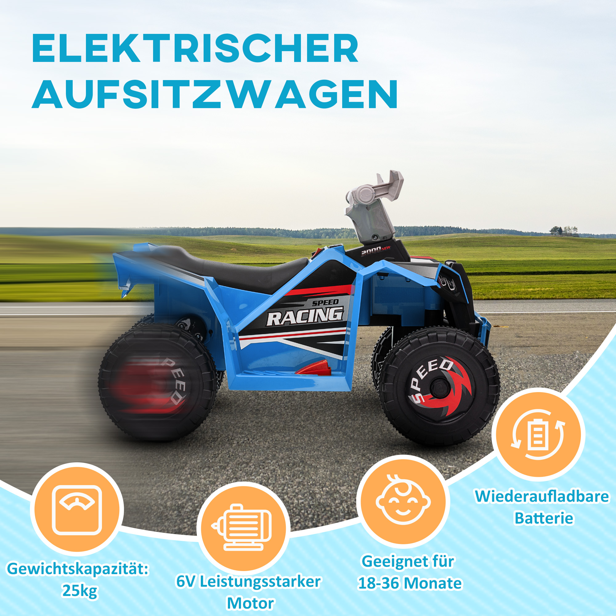 Elektrisks bērnu kvadracikls, 2,5 km/h, braukšana uz priekšu un atpakaļ, 18–36 mēn., zils - Image 5