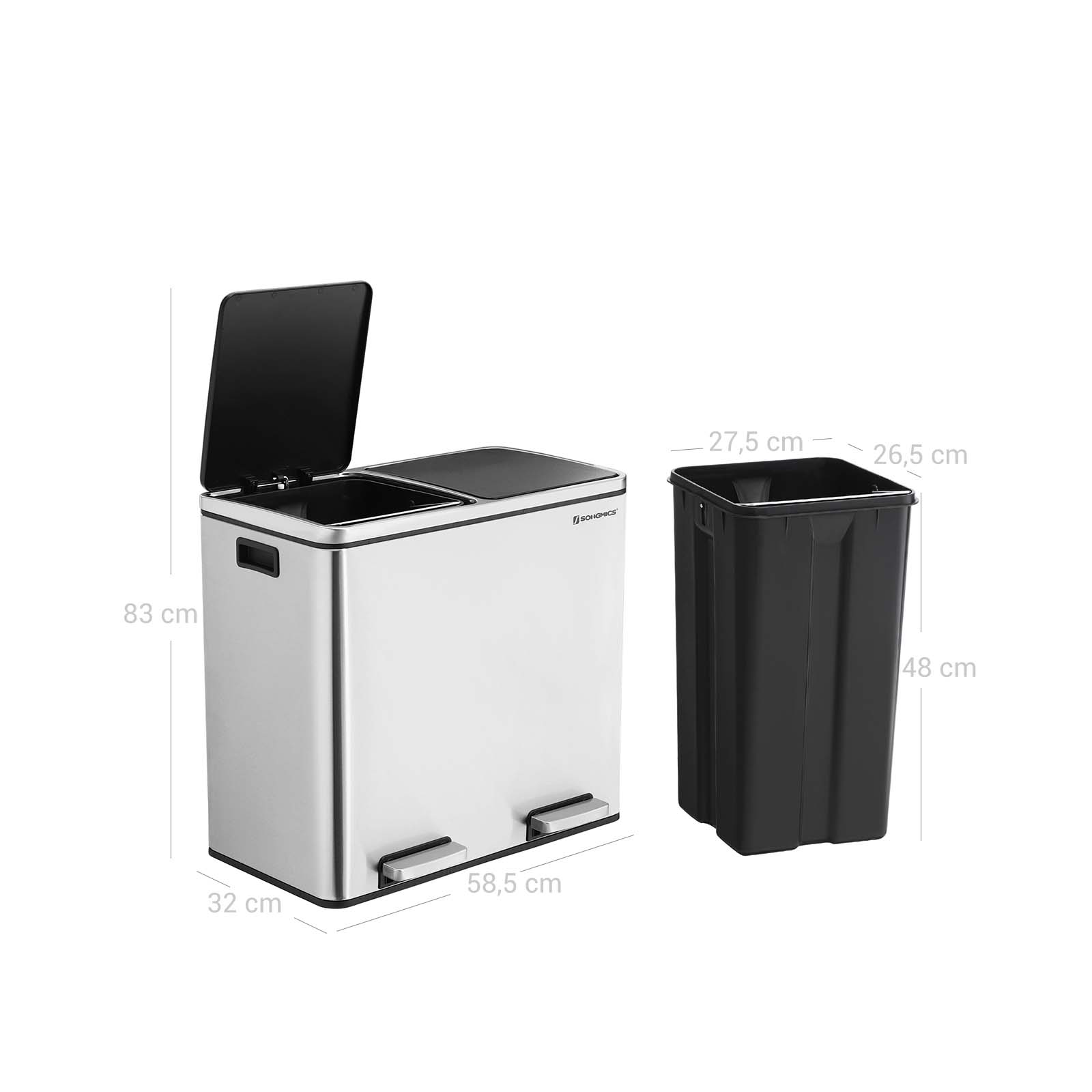 Šiukšliadėžė su pedalu, 48 l, 2 vidiniai kibirai, nerūdijantis plienas, sidabrinė - Image 7