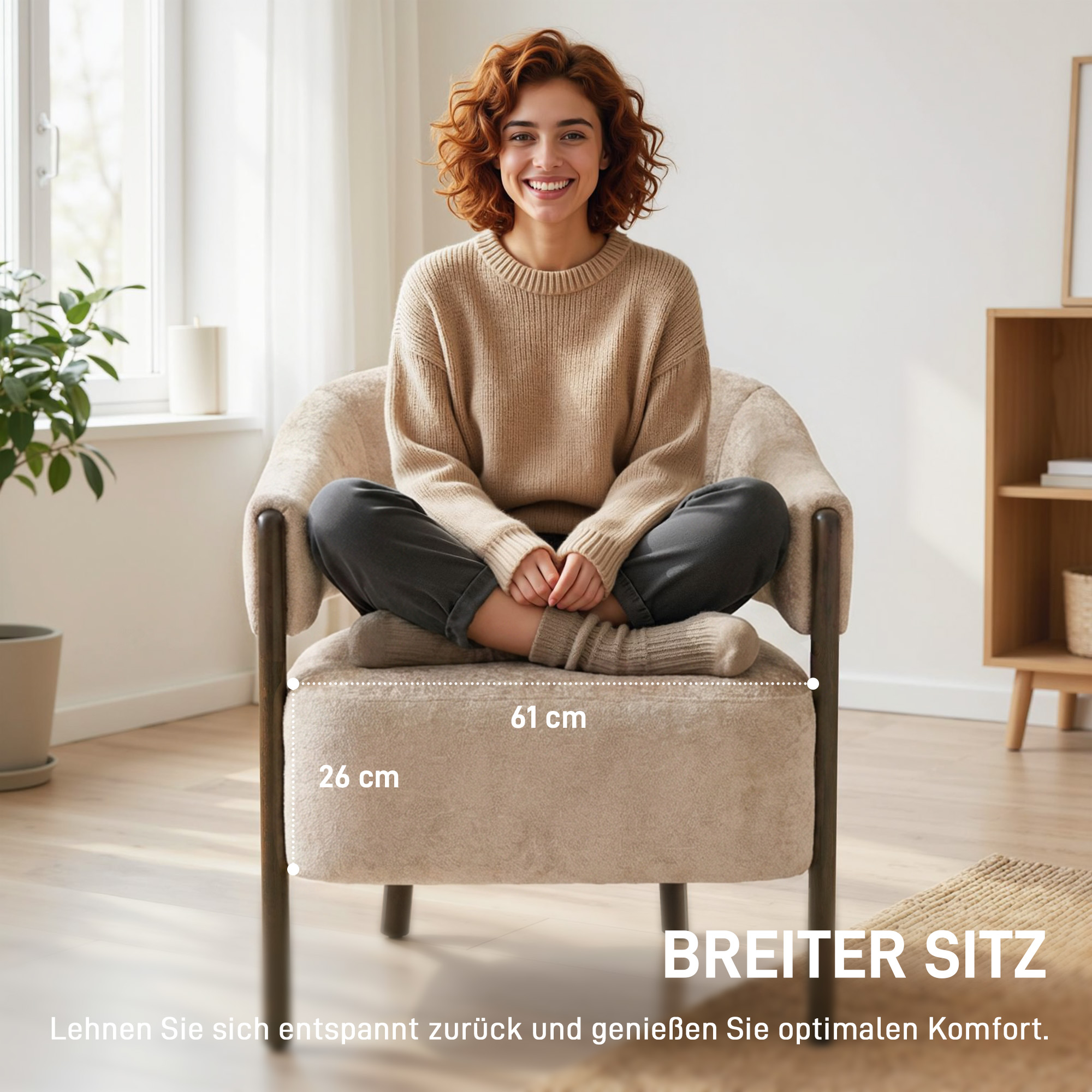Korostustuoli, chenille-verhoiltu nojatuoli massiivipuurungolla ja jaloilla, beige - Image 4