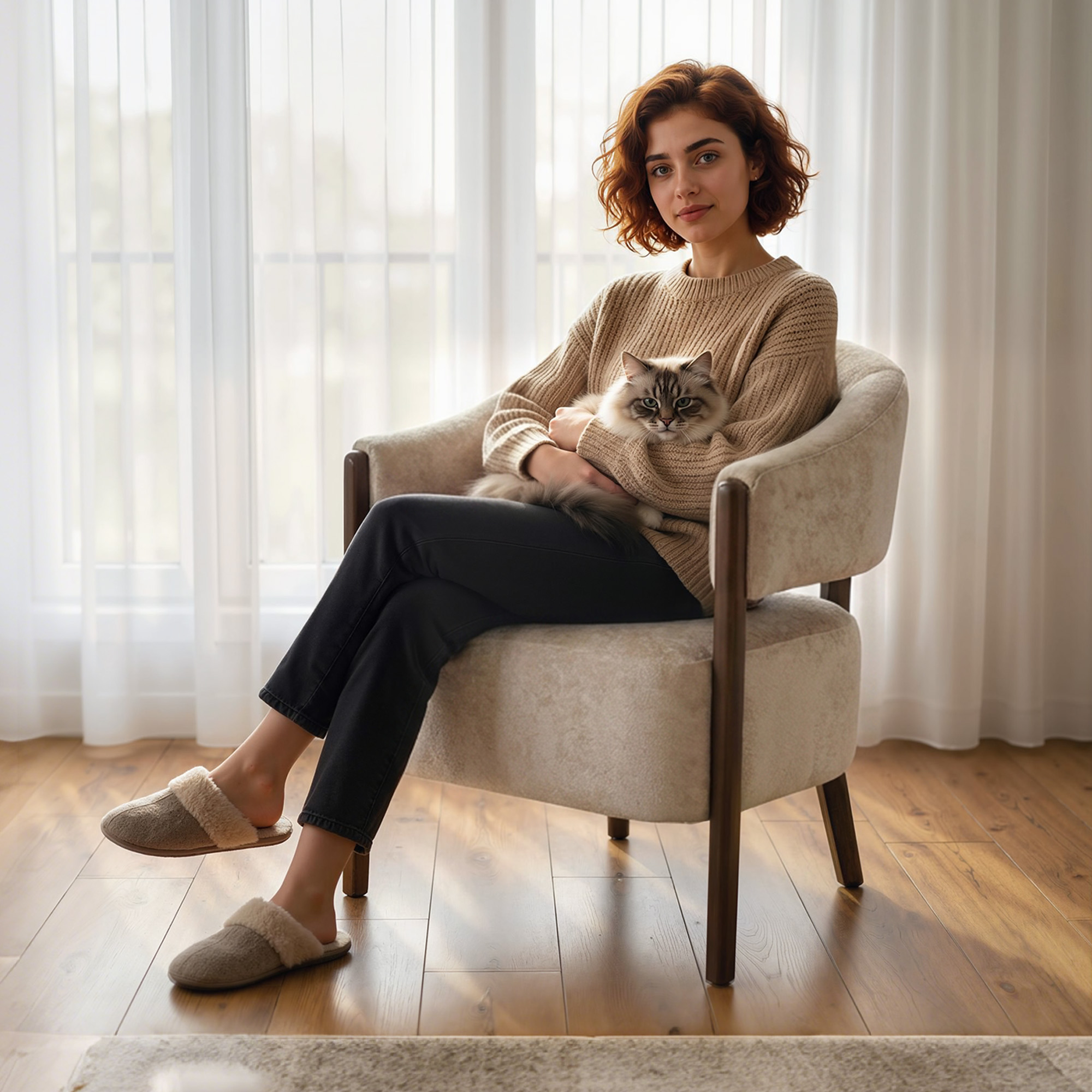 Korostustuoli, chenille-verhoiltu nojatuoli massiivipuurungolla ja jaloilla, beige - Image 9