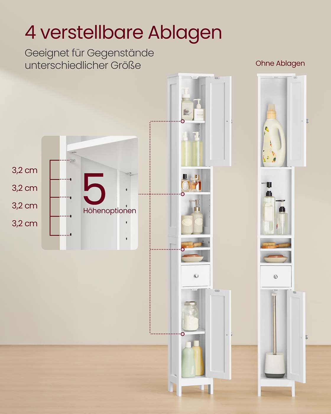 Vannasistabas skapītis ar regulējamiem plauktiem, atvērtiem nodalījumiem un atvilktni, 19,5 x 21,4 x 180 cm, balts - Image 4