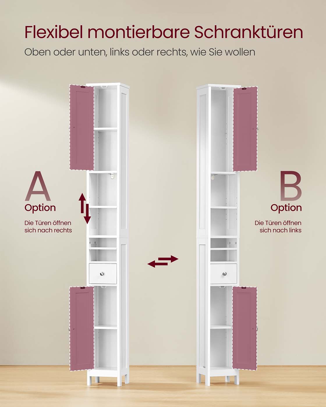 Vannasistabas skapītis ar regulējamiem plauktiem, atvērtiem nodalījumiem un atvilktni, 19,5 x 21,4 x 180 cm, balts - Image 5