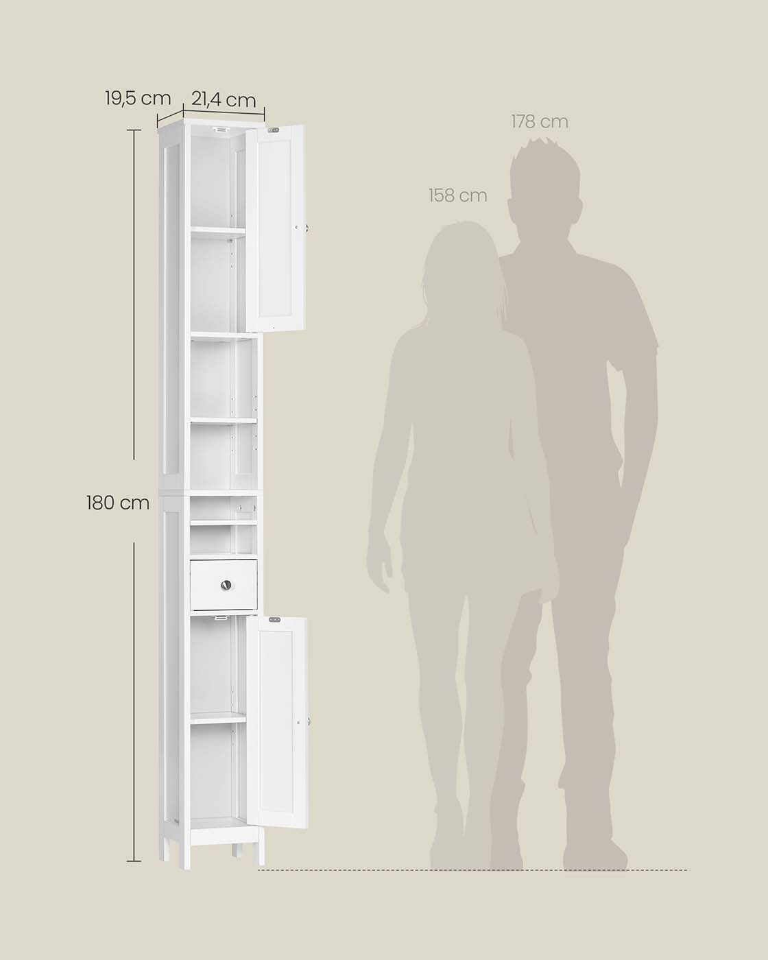 Vannasistabas skapītis ar regulējamiem plauktiem, atvērtiem nodalījumiem un atvilktni, 19,5 x 21,4 x 180 cm, balts - Image 7
