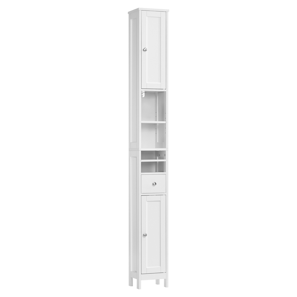 Vannas istabas skapis, šaurs, ar regulējamiem plauktiem un atvilktni, 19,5 x 21,4 x 180 cm, balts