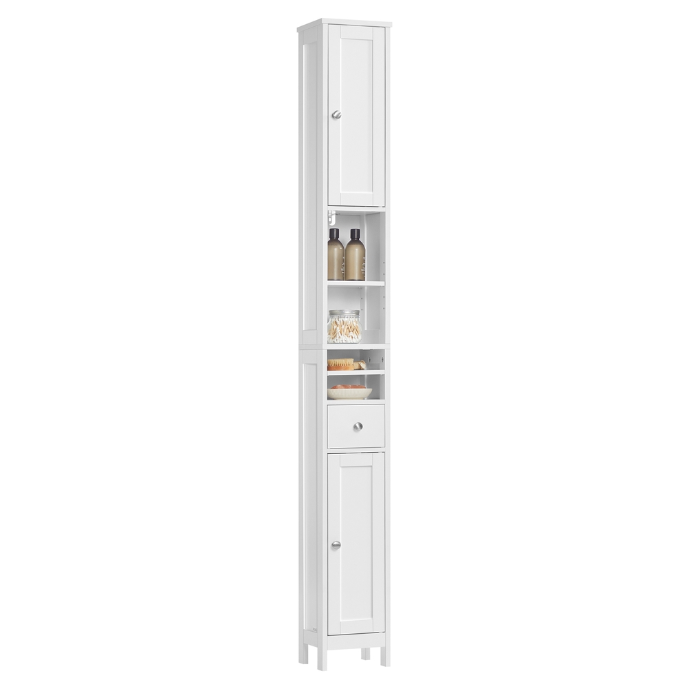 Vannas istabas skapis, šaurs, ar regulējamiem plauktiem un atvilktni, 19,5 x 21,4 x 180 cm, balts - Image 2