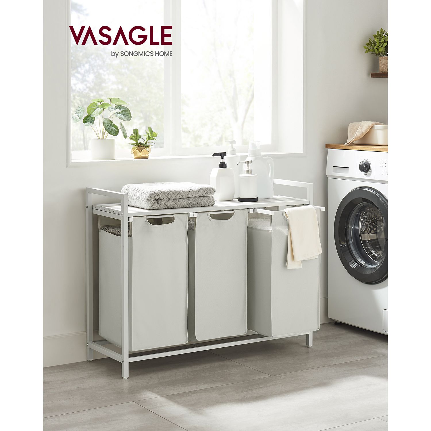 Pesukorv 3 x 38 l kottide ja riiuliga, valge, 92,5 x 33 x 72 cm - Image 2