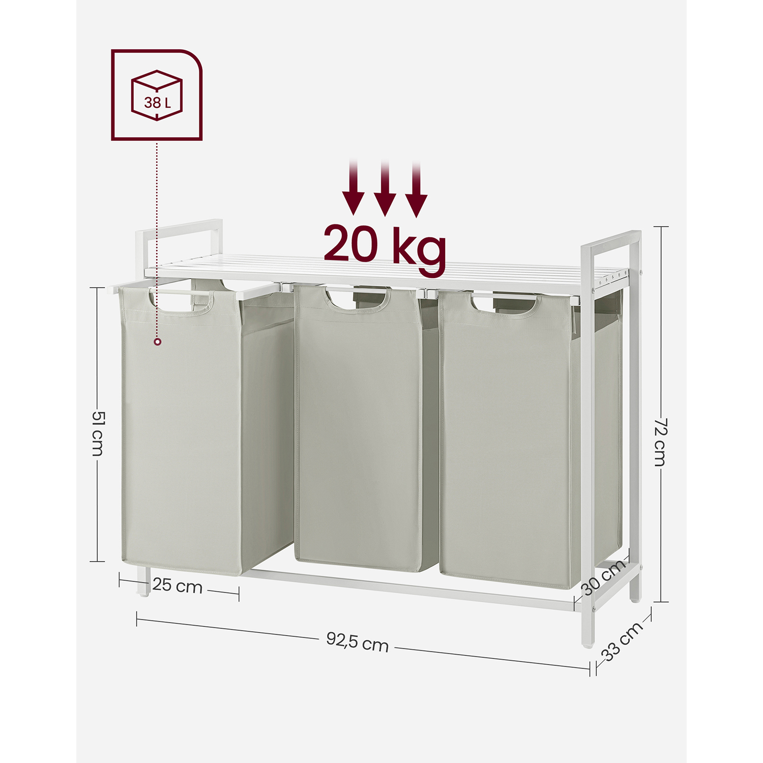 Pesukorv 3 x 38 l kottide ja riiuliga, valge, 92,5 x 33 x 72 cm - Image 7
