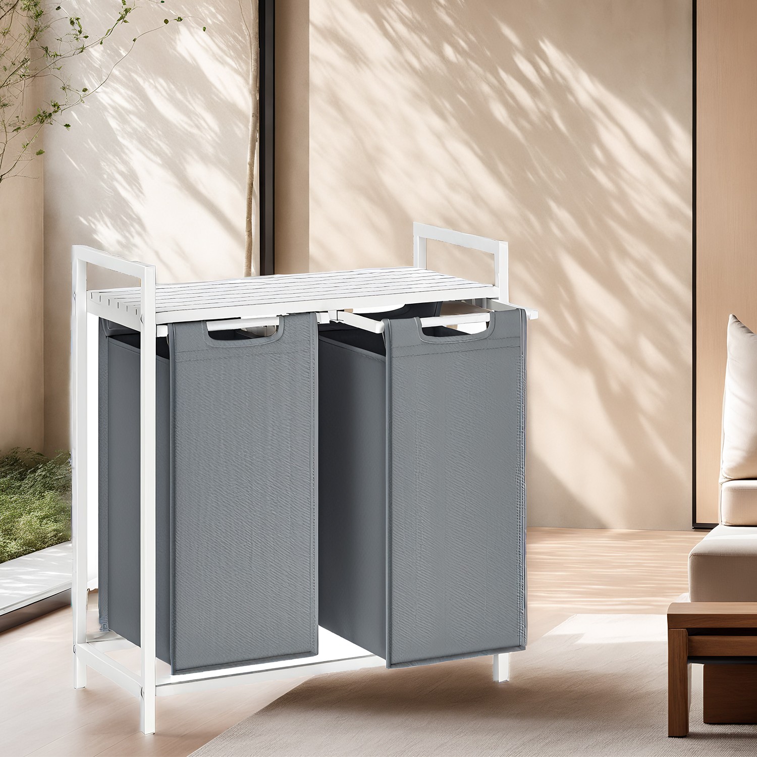 Veļas grozs ar 2 nodalījumiem un plauktu, 2 x 46 l, 73 x 33 x 72 cm, balts gaiši pelēks - Image 2