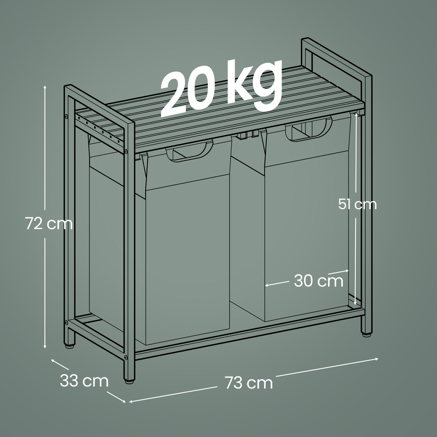 Veļas grozs ar 2 nodalījumiem un plauktu, 2 x 46 l, 73 x 33 x 72 cm, balts gaiši pelēks - Image 6