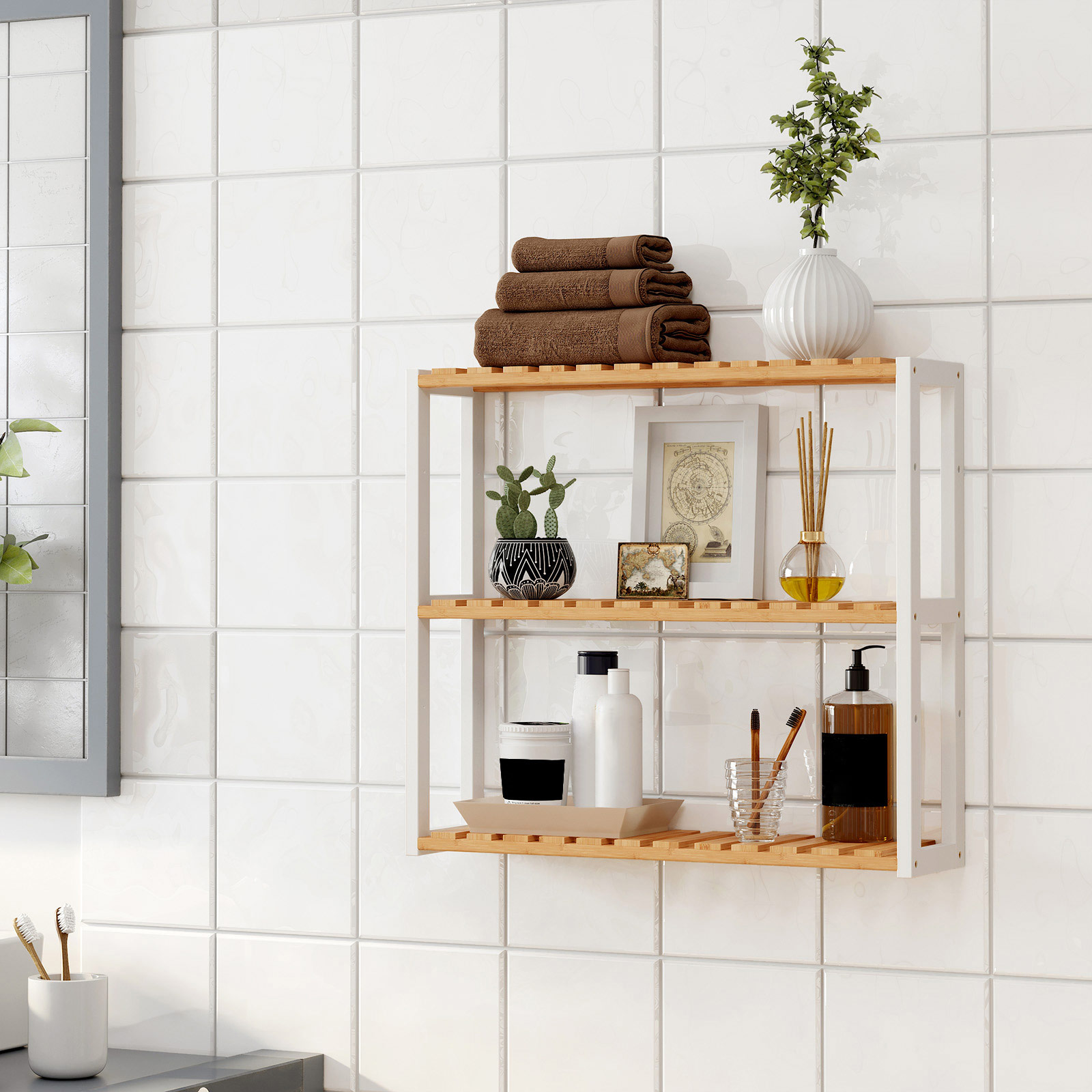Vannas istabas plaukts no bambusa, 3 līmeņi, regulējami plaukti, 60 x 15 x 54 cm - Image 5