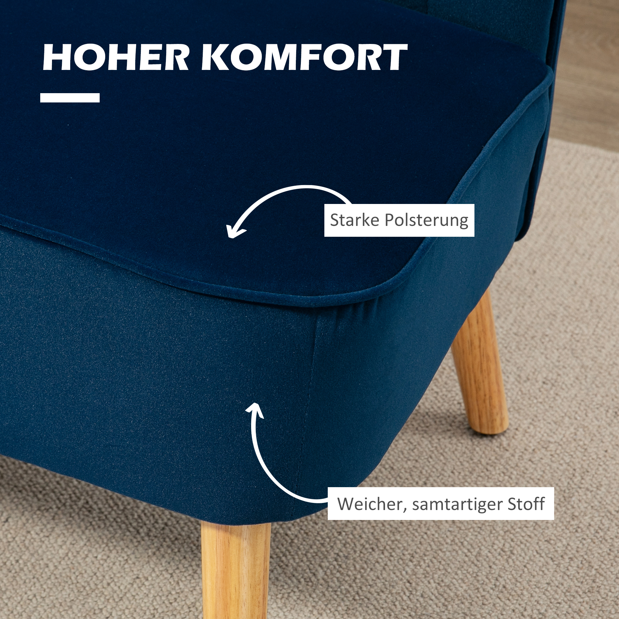 Retro dizaina 2 vietu sofa, koka kājas, tumši zila, 117 x 56,5 x 77 cm - Image 4