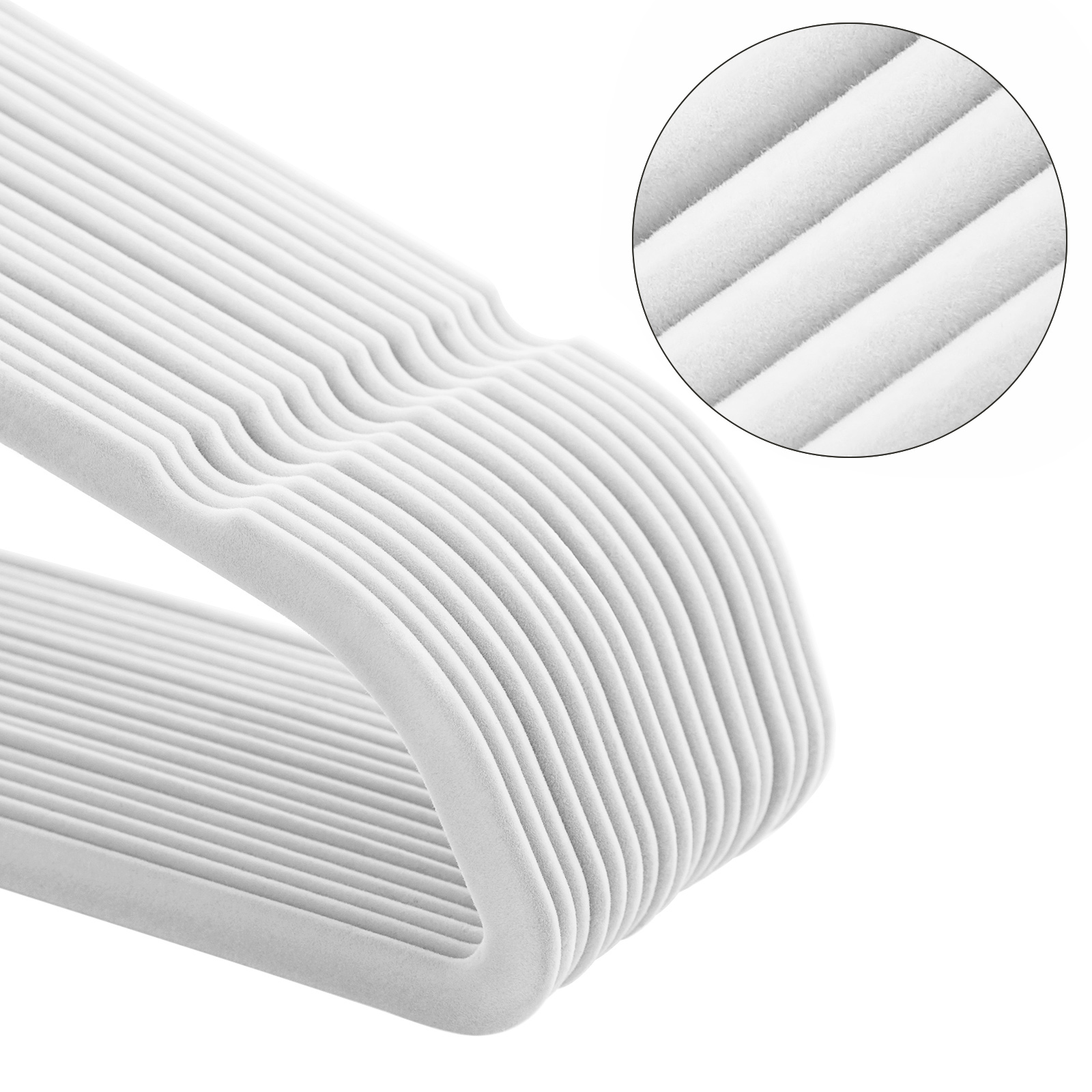 Aksominės drabužių pakabos, 30 vnt., baltos, 43,5 x 0,6 x 22,5 cm, su metaliniu kabliuku - Image 6