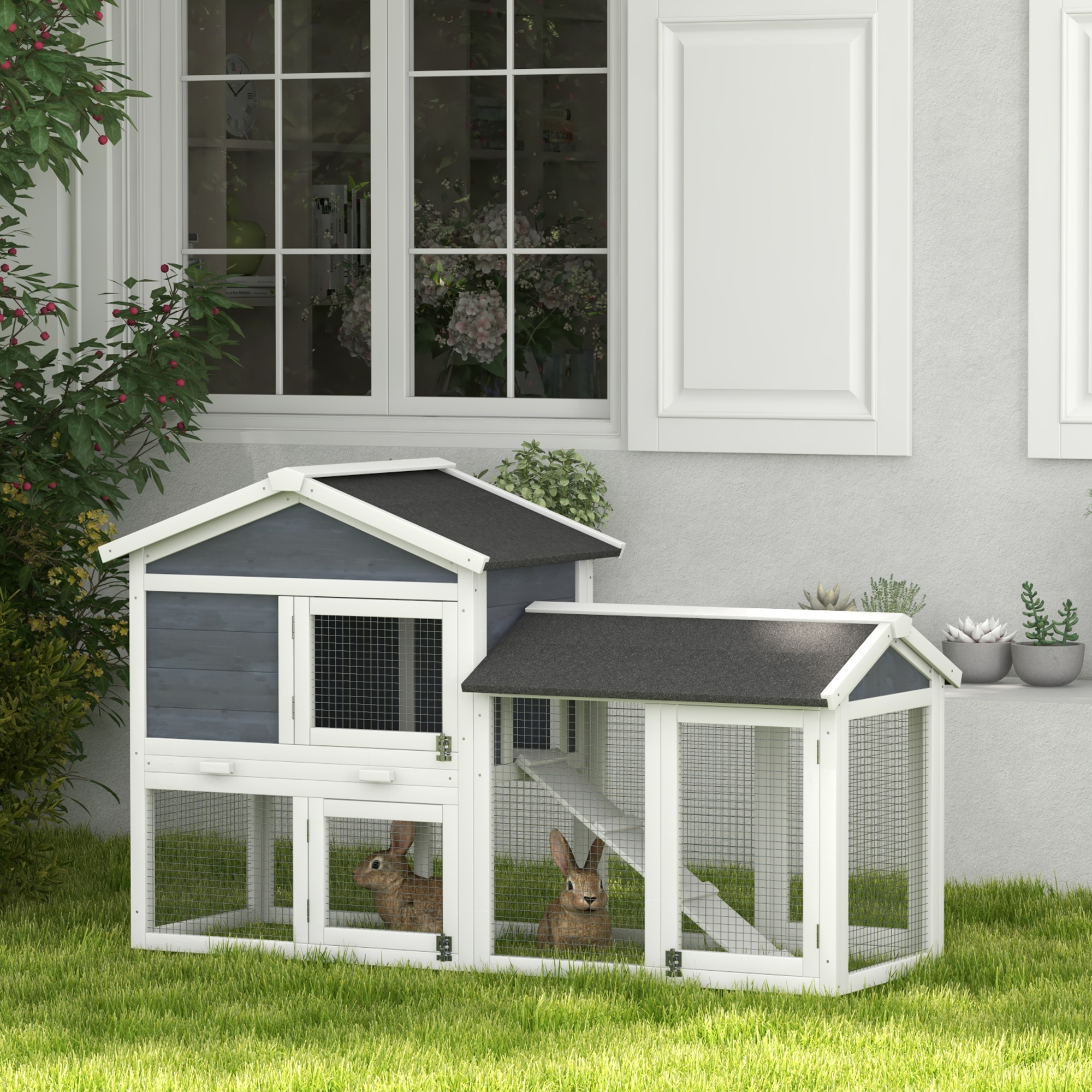Pieneläinhäkki ulkojuoksulla, kuusipuu, harmaa, 147 x 54 x 84 cm - Image 2
