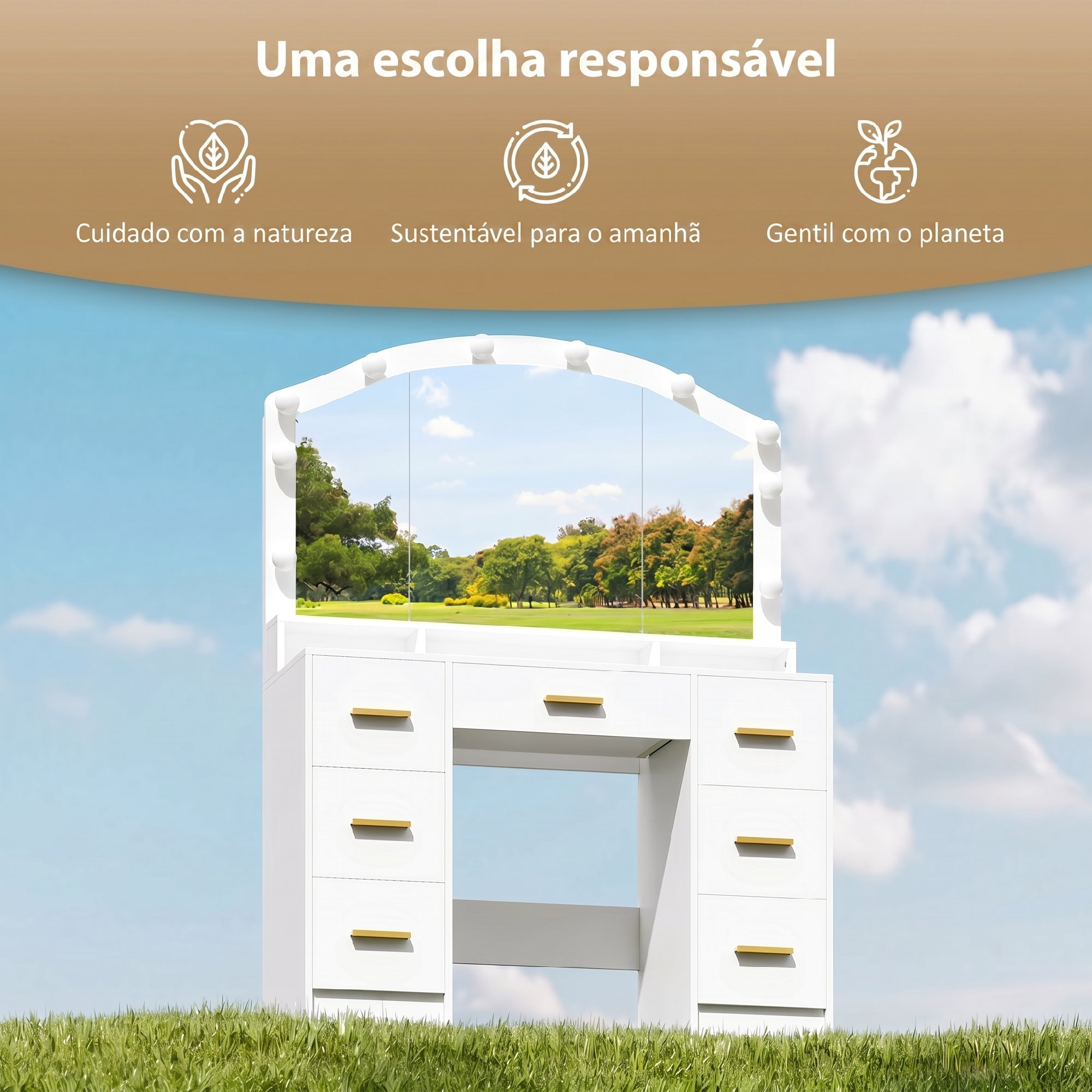 Kosmetinis staliukas su veidrodžiu, 10 LED lempų, 7 stalčiai, 3 skyriai, MDF, baltas - Image 6