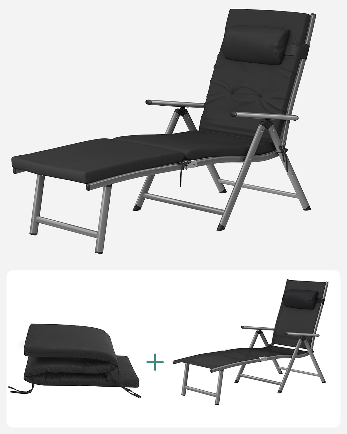 Saliekams sauļošanās zviļnis ar matraci, melns, alumīnijs, 183 x 60 x 39 cm, līdz 150 kg - Image 5