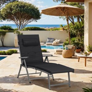 Kokkupandav päevitustool must, 6 cm madratsiga, alumiiniumraam, 183 x 60 x 39 cm