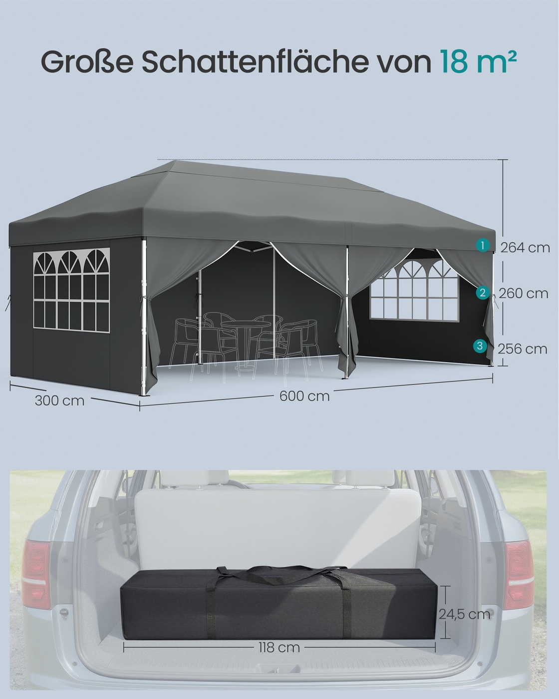 Sulankstoma pavėsinė 6 x 3 x 2,6 m su 6 šoninėmis sienelėmis, tamsiai pilka - Image 5