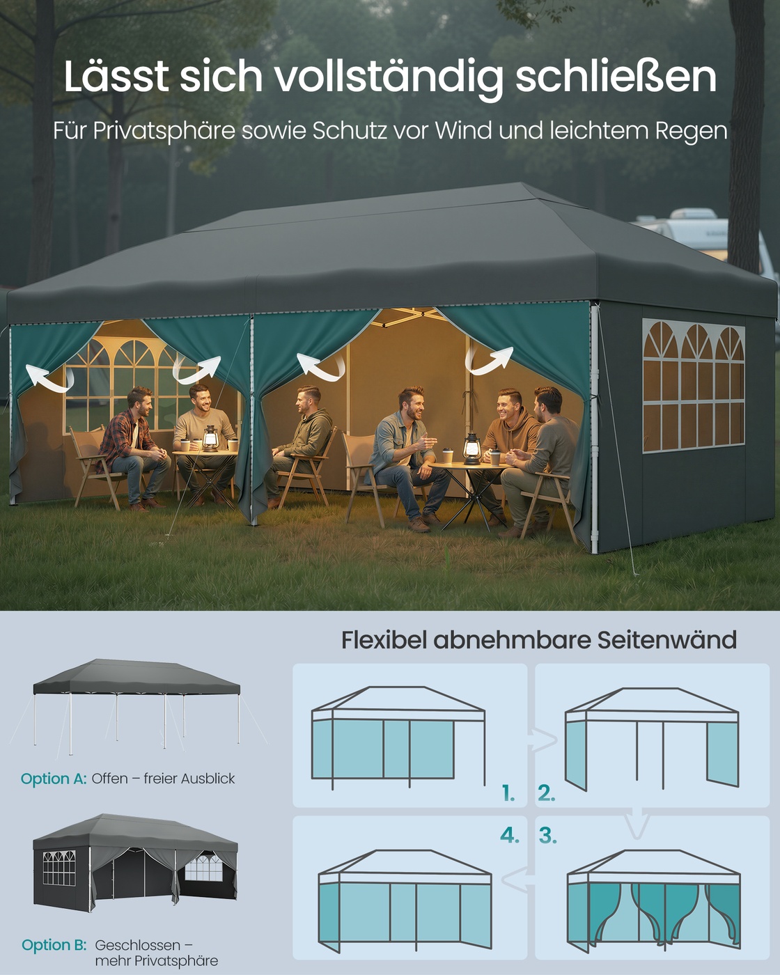 Sulankstoma pavėsinė 6 x 3 x 2,6 m su 6 šoninėmis sienelėmis, tamsiai pilka - Image 7
