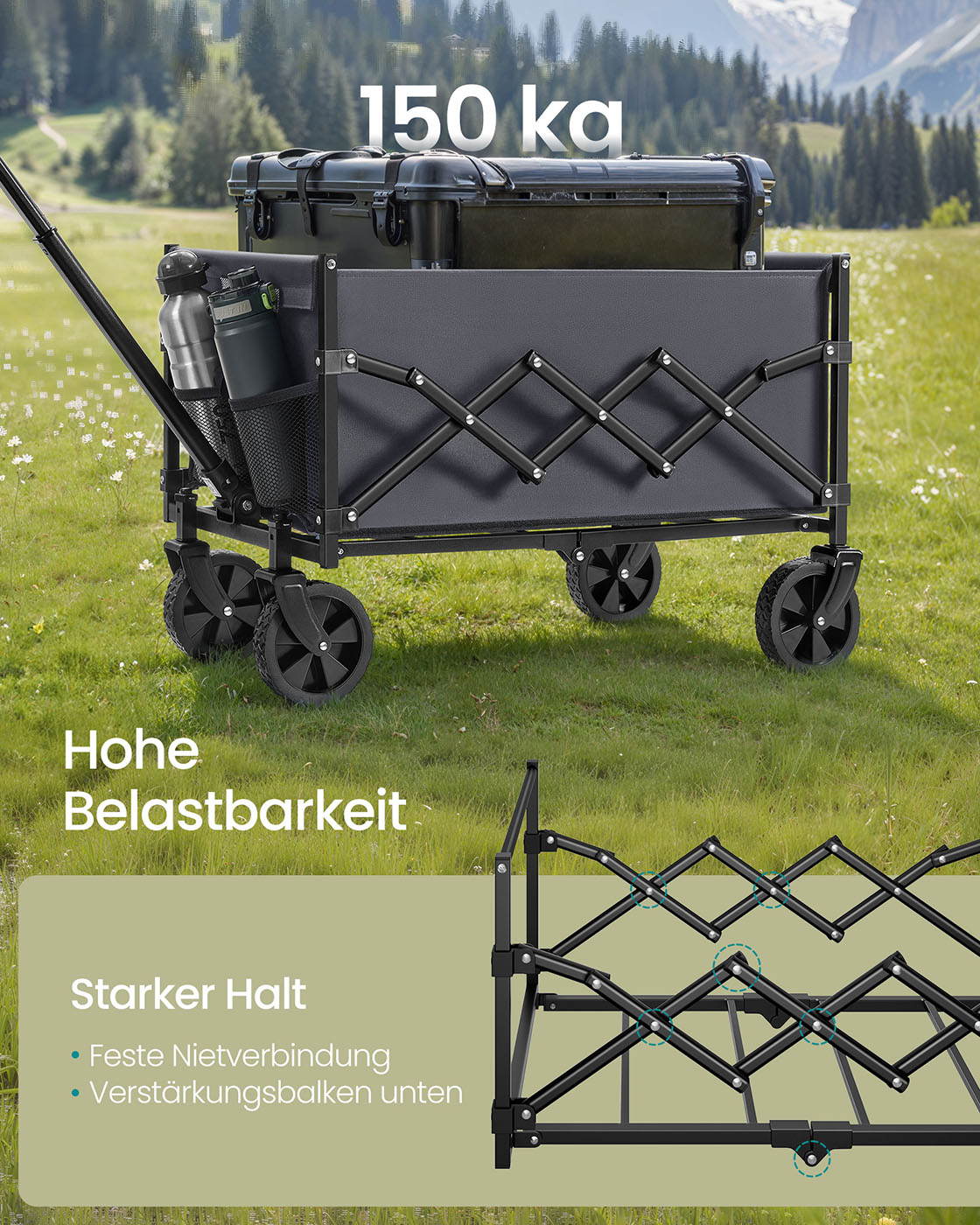 Kokoontaitettava käsikärry, liuskekivenharmaa, teräs ja 600D Oxford-kangas, 90 l, 150 kg - Image 3