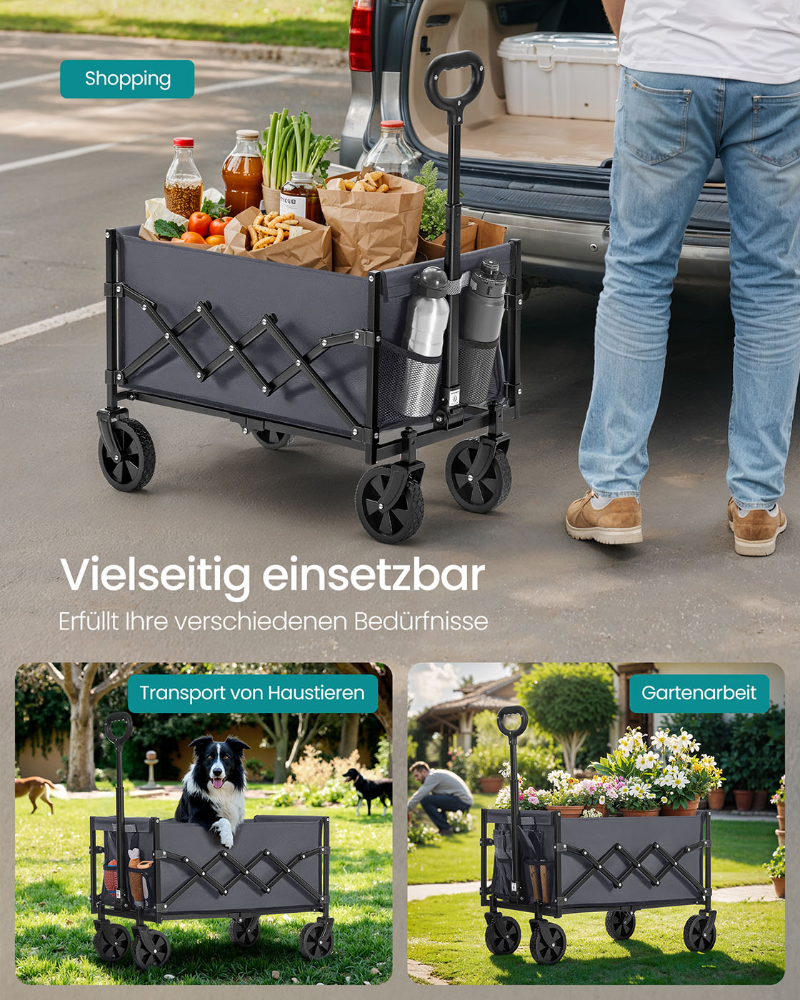 Kokoontaitettava käsikärry, liuskekivenharmaa, teräs ja 600D Oxford-kangas, 90 l, 150 kg - Image 5