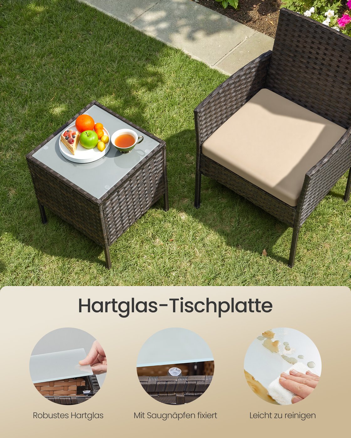 Lauko baldų komplektas su stalu ir 2 kėdėmis, PE poliratanas, ruda–taupe - Image 5