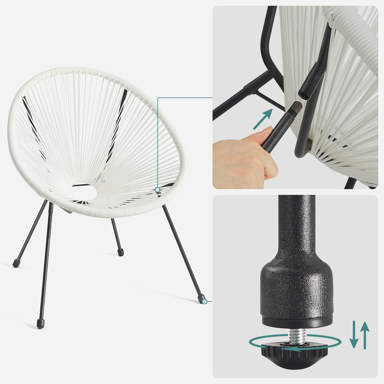 Lauko baldų komplektas, 3 dalių, 2 kėdės ir stalas su grūdinto stiklo paviršiumi, baltas - Image 9