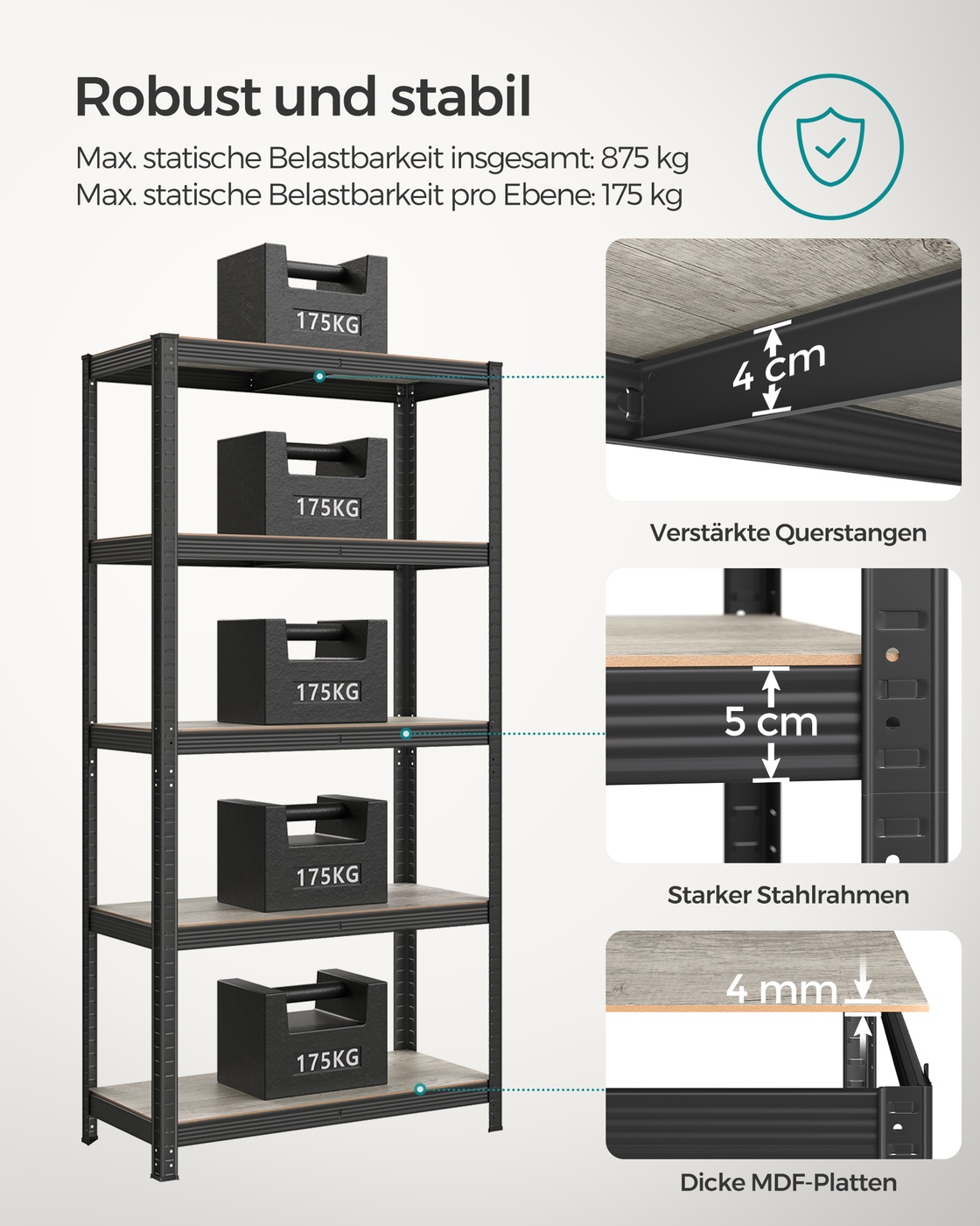 Reguliuojama daiktų laikymo lentyna, 5 lentynos, 40 x 90 x 180 cm, pilkai rusva-juoda, 2 vnt. - Image 3