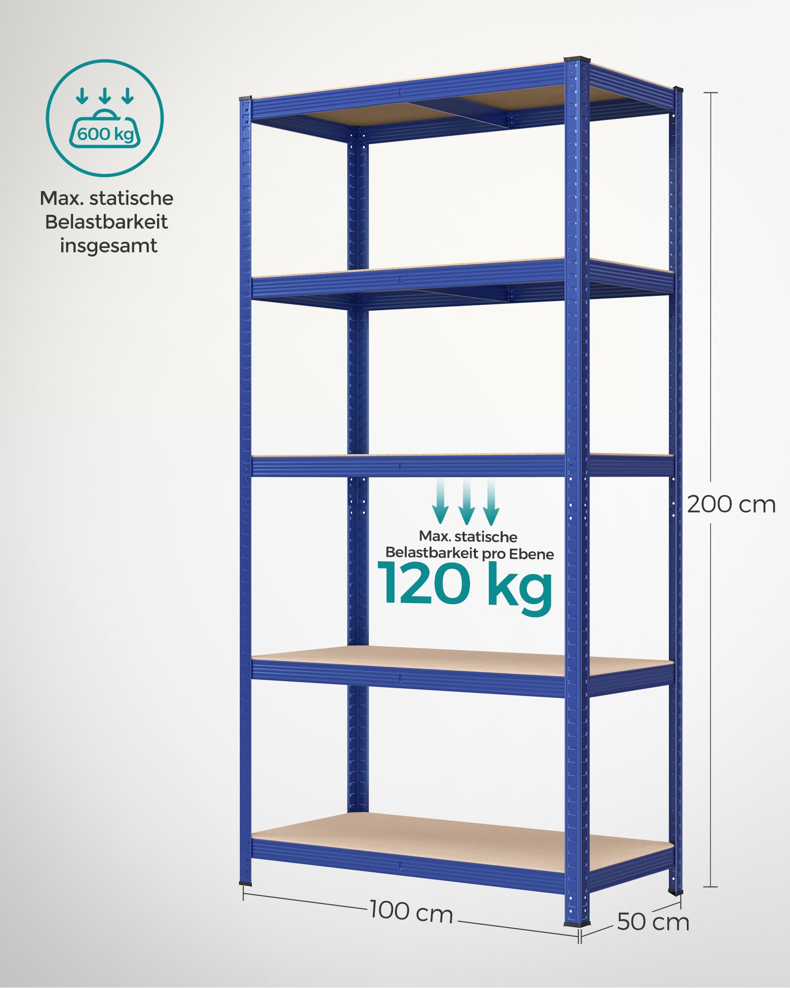 Varastohylly 200 x 100 x 50 cm, sininen, teräs ja MDF, 5 säädettävää hyllytasoa - Image 7