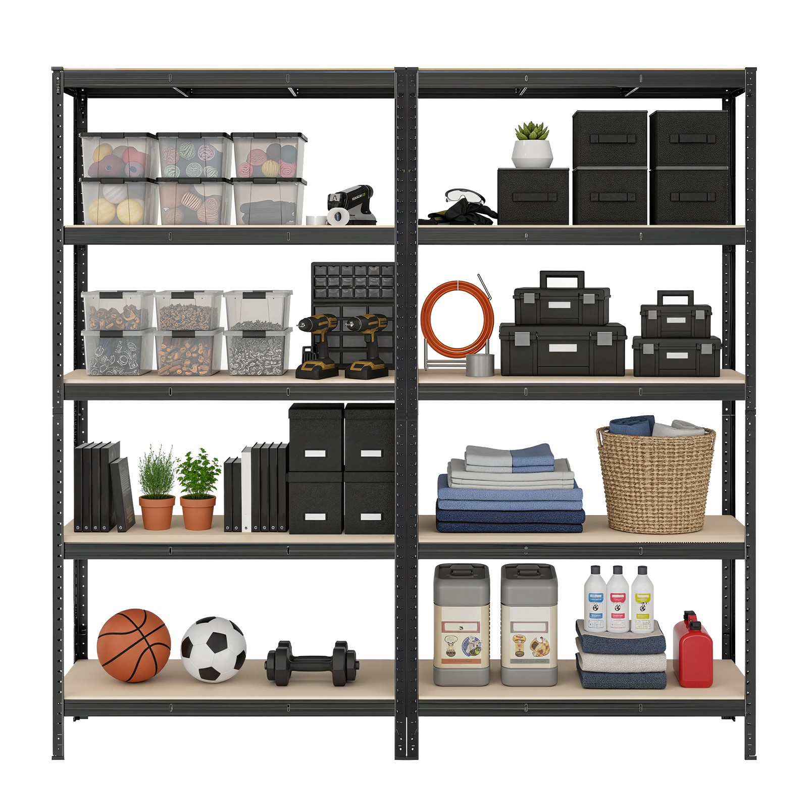 Varastohylly, 2 kpl setti, 60 x 120 x 200 cm, teräs ja MDF, musta - Image 2