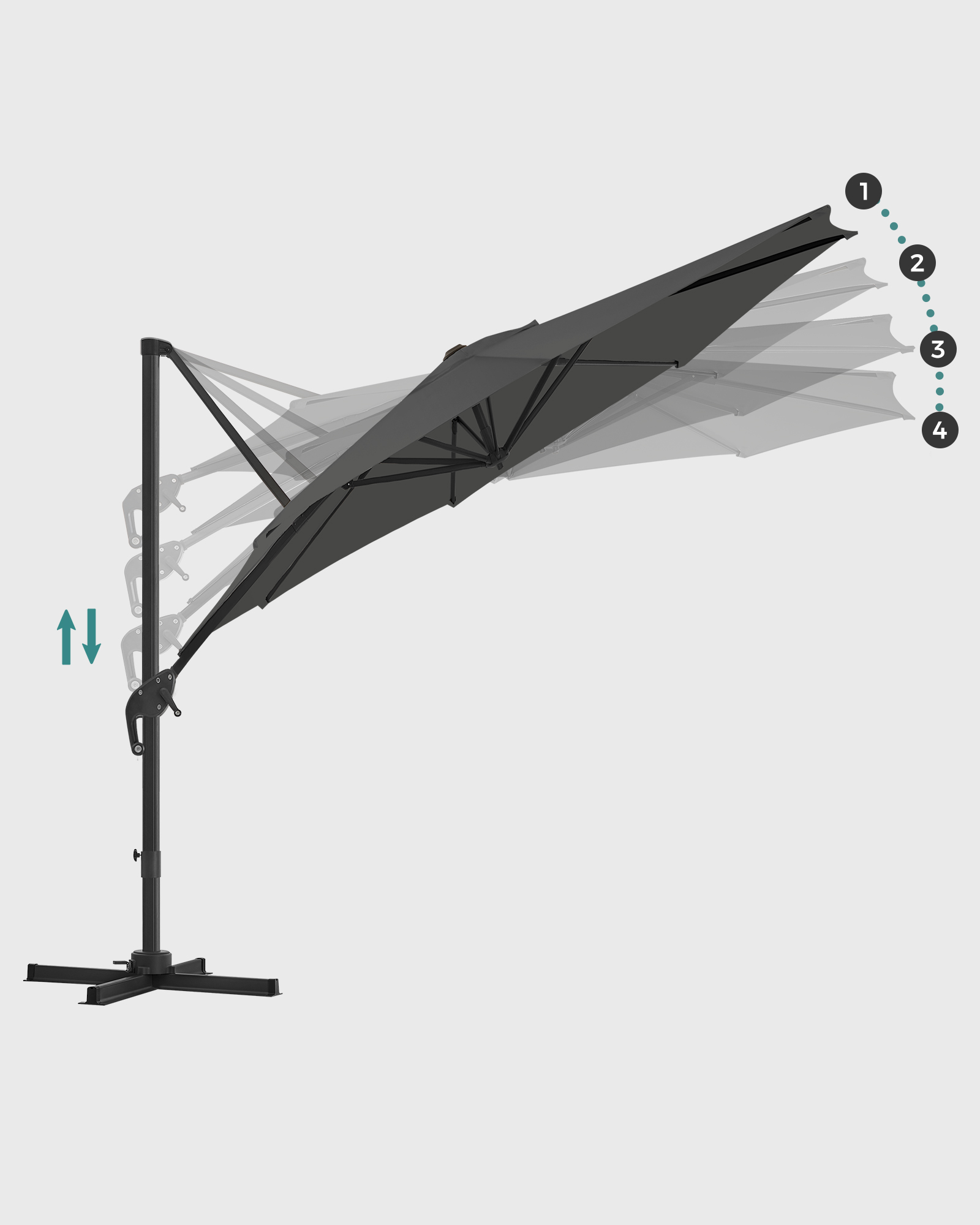 Pakabinamas skėtis nuo saulės, pilkas, Ø 300 cm, 360° pasukamas, su stovu - Image 4