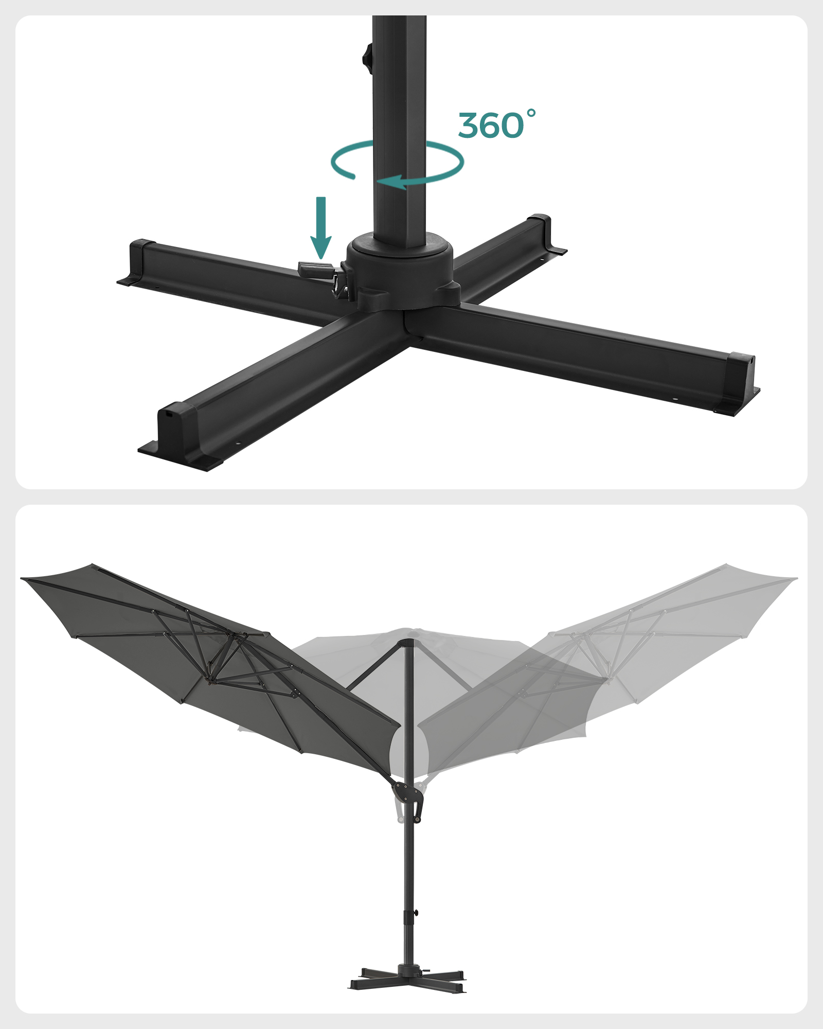 Pakabinamas skėtis nuo saulės, pilkas, Ø 300 cm, 360° pasukamas, su stovu - Image 5