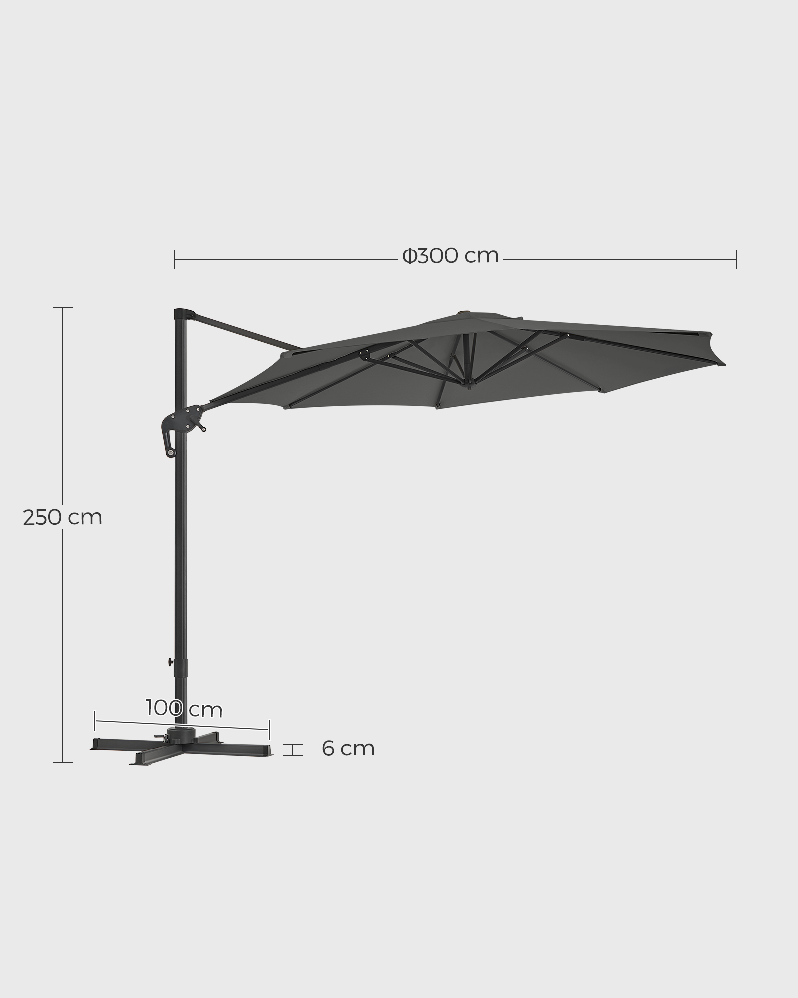 Pakabinamas skėtis nuo saulės, pilkas, Ø 300 cm, 360° pasukamas, su stovu - Image 7