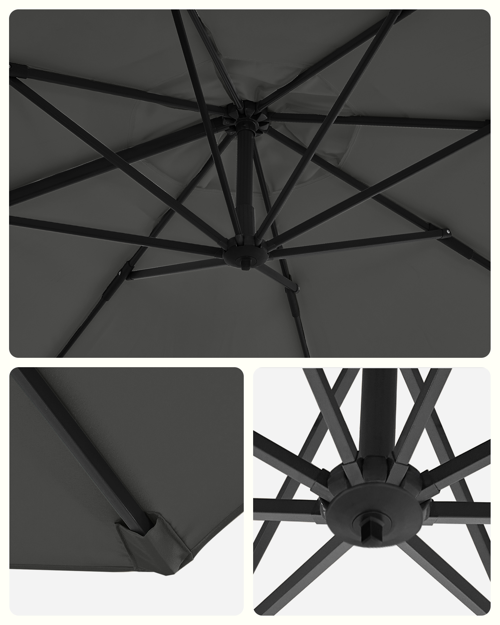 Pakabinamas skėtis nuo saulės, pilkas, Ø 300 cm, 360° pasukamas, su stovu - Image 8