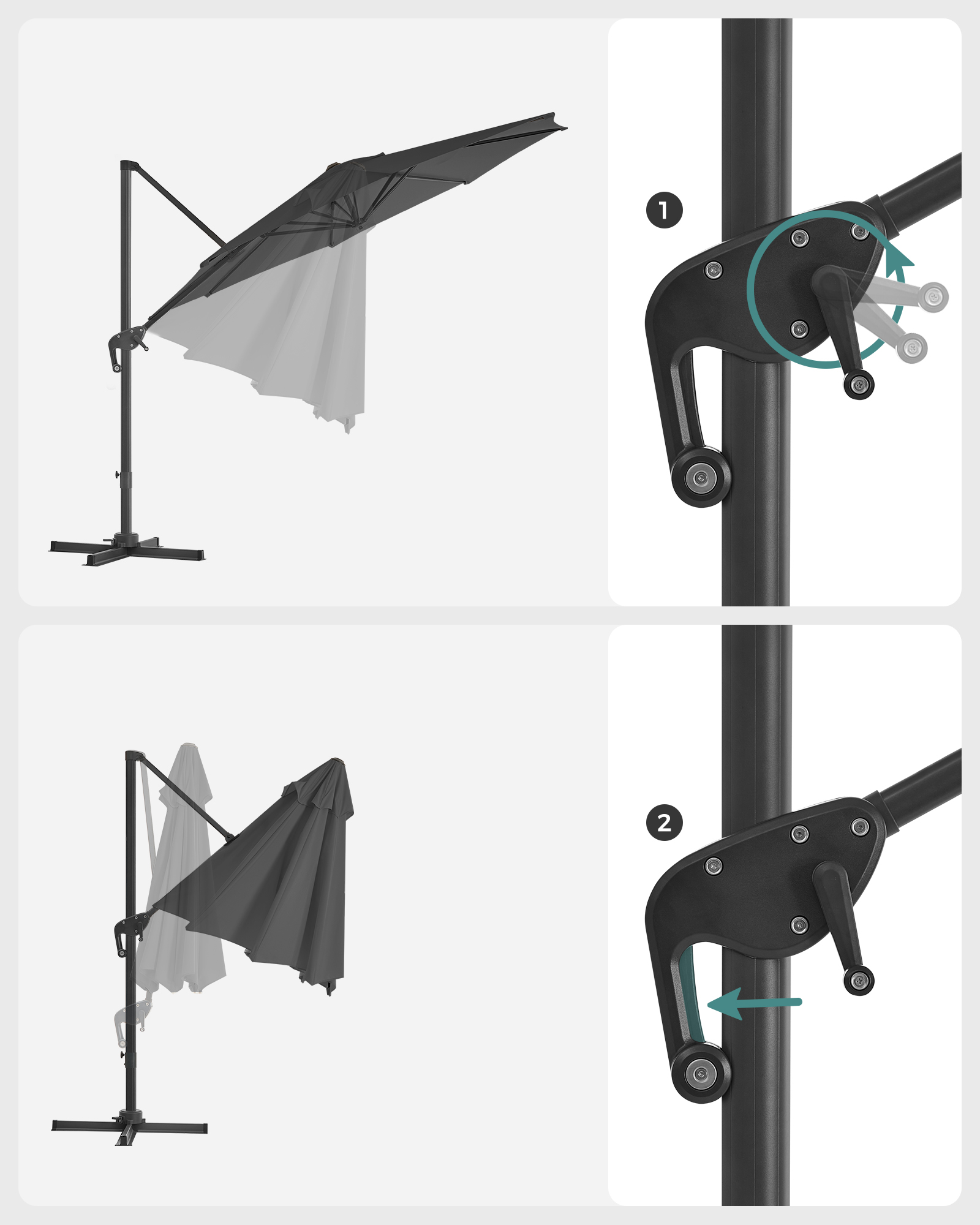 Pakabinamas skėtis nuo saulės, pilkas, Ø 300 cm, 360° pasukamas, su stovu - Image 9