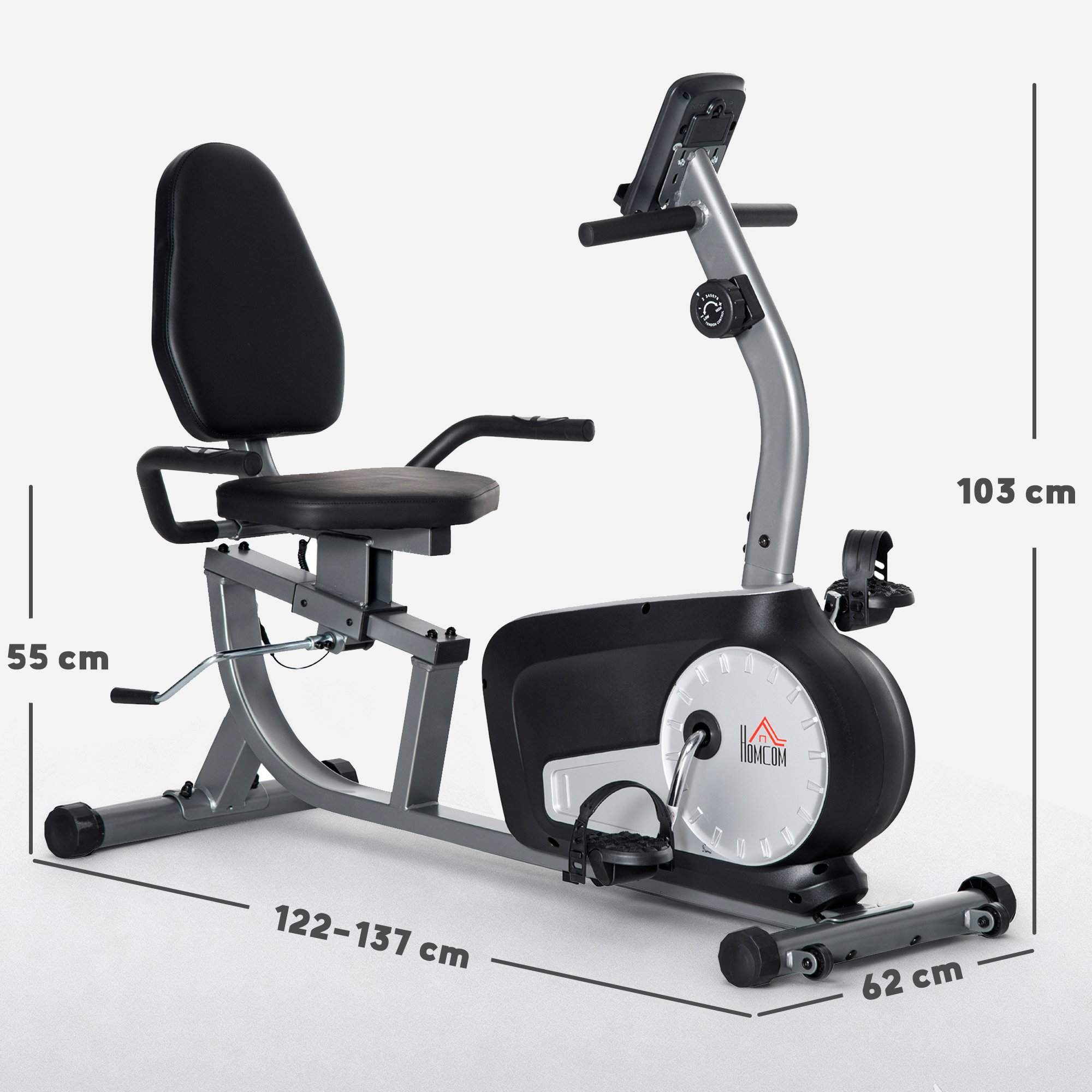 Recumbent treniruoklis su 8 lygių pasipriešinimu, pilka, juoda, sidabrinė, 122-137 x 62 x 103 cm - Image 3
